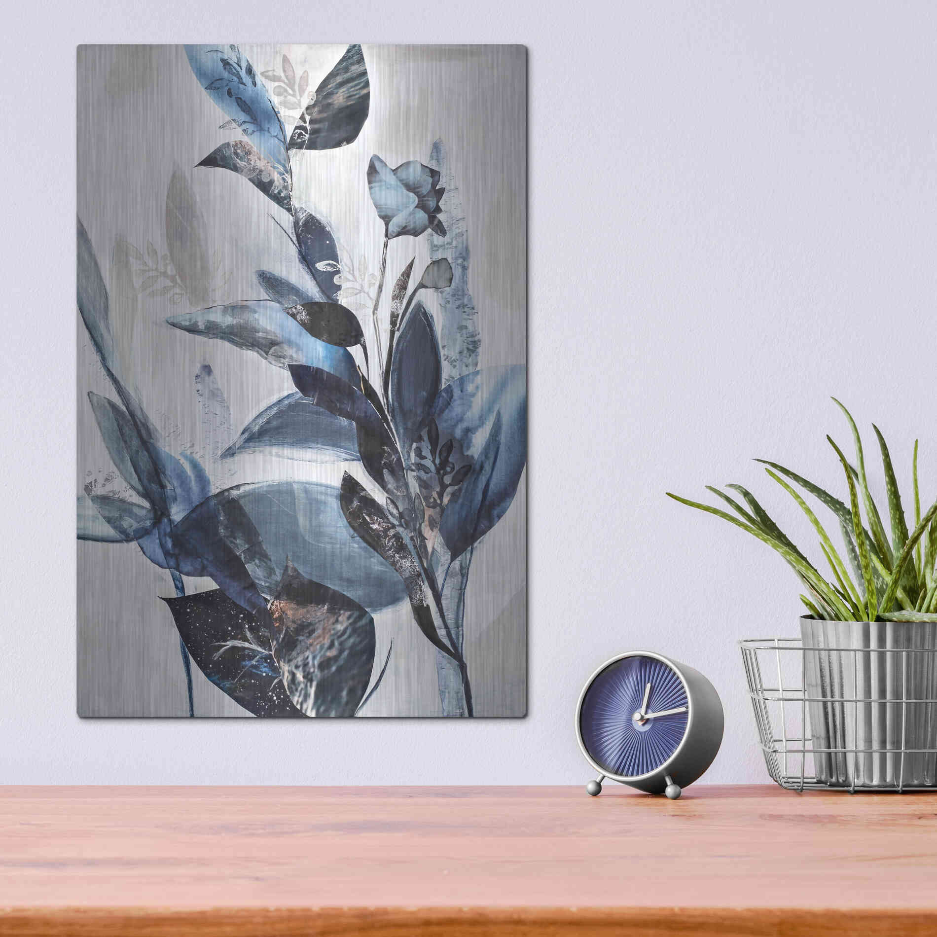 Luxe Metal Art 'Blue Leaves' by Design Fabrikken, Metal Wall Art,12x16