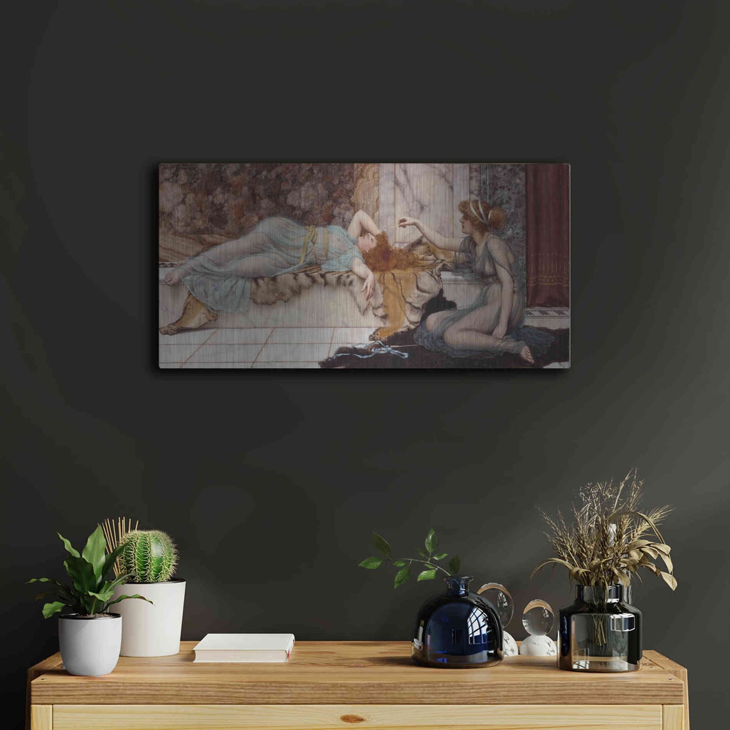 Luxe Metal Art 'Mischief and Repose' by John William Godward, Metal Wall Art,24x12