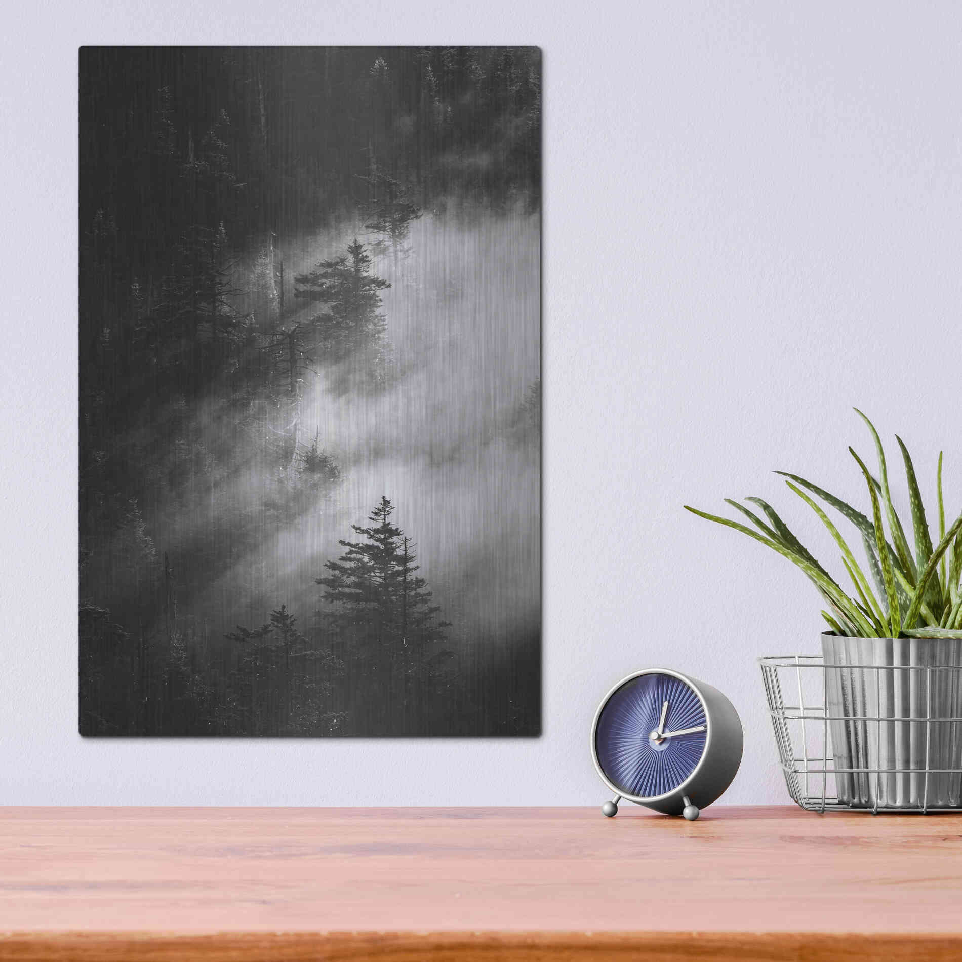 Luxe Metal Art 'Misty Pine Woods' by Design Fabrikken, Metal Wall Art,12x16