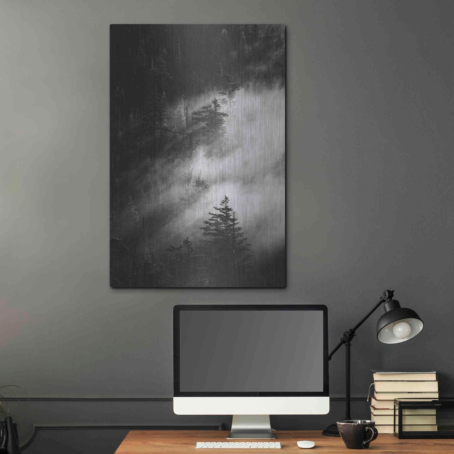 Luxe Metal Art 'Misty Pine Woods' by Design Fabrikken, Metal Wall Art,24x36