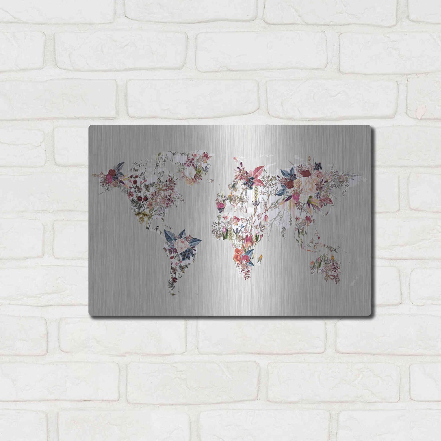 Luxe Metal Art 'Worldmap Flowers (Light)' by Design Fabrikken, Metal Wall Art,16x12