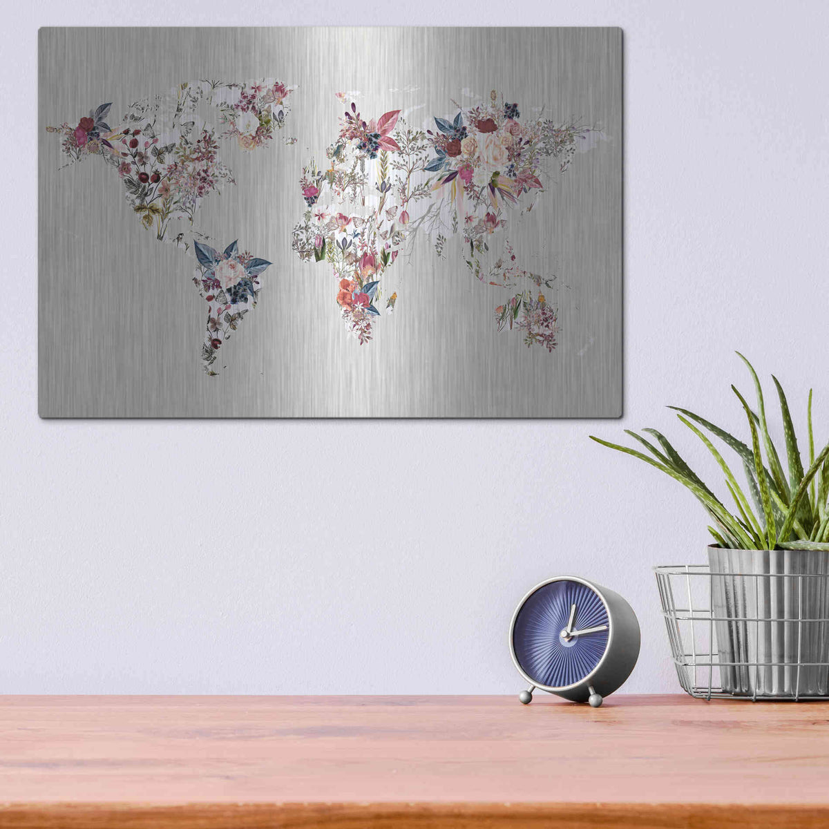 Luxe Metal Art 'Worldmap Flowers (Light)' by Design Fabrikken, Metal Wall Art,16x12