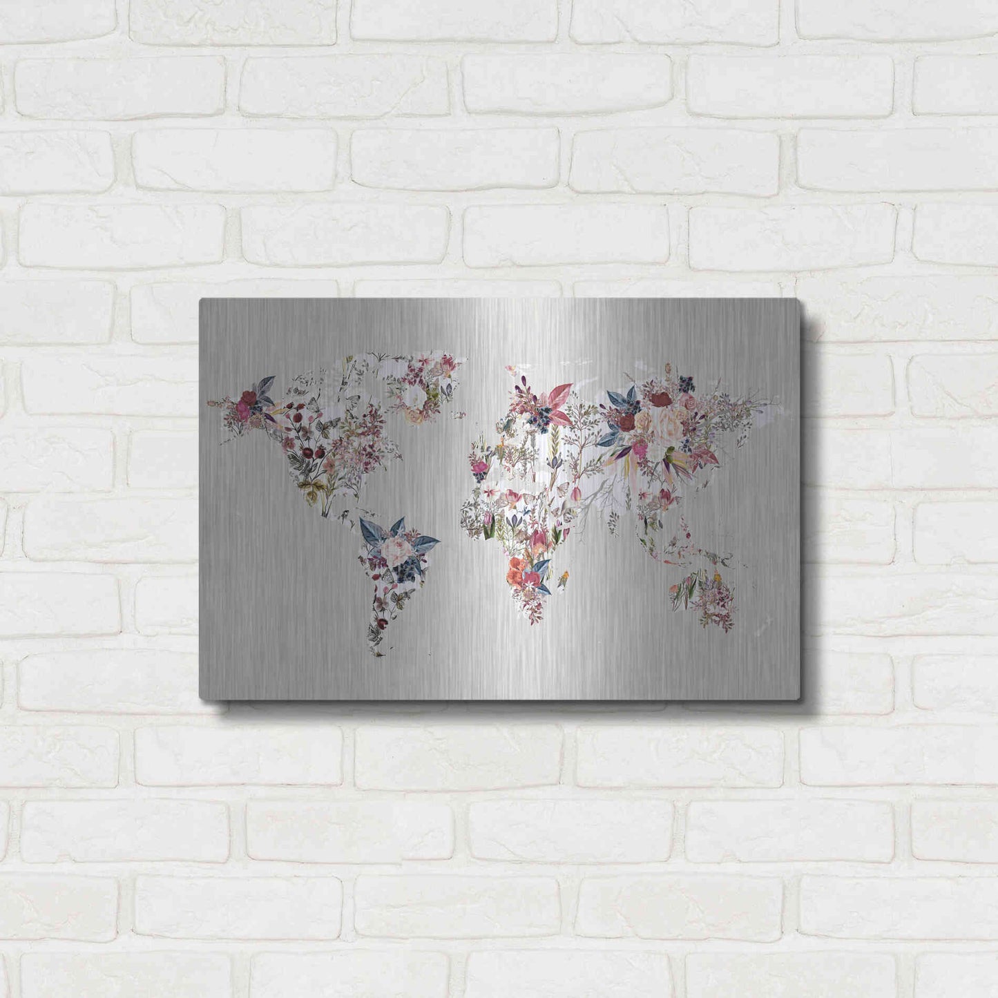 Luxe Metal Art 'Worldmap Flowers (Light)' by Design Fabrikken, Metal Wall Art,24x16