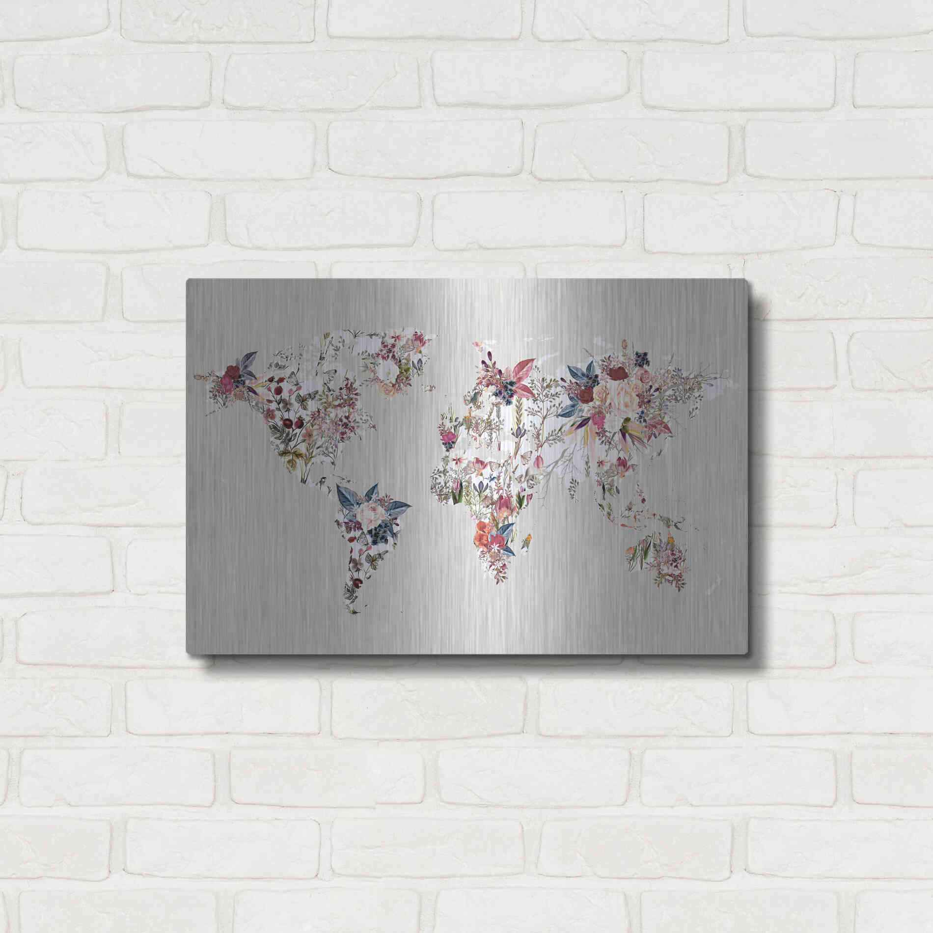 Luxe Metal Art 'Worldmap Flowers (Light)' by Design Fabrikken, Metal Wall Art,24x16