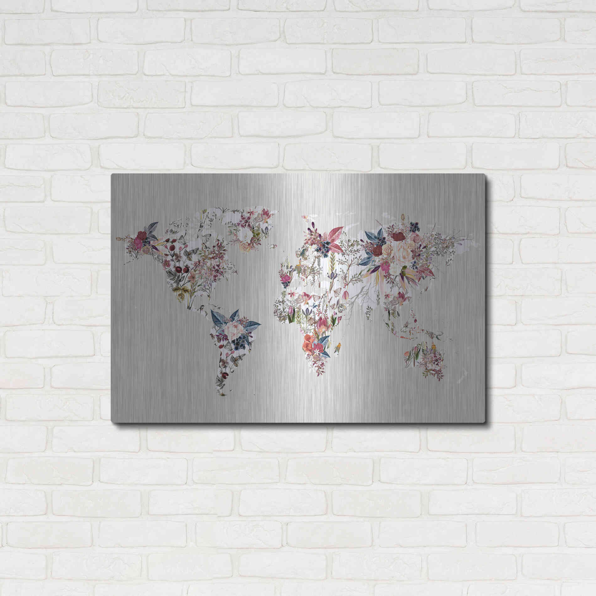 Luxe Metal Art 'Worldmap Flowers (Light)' by Design Fabrikken, Metal Wall Art,36x24
