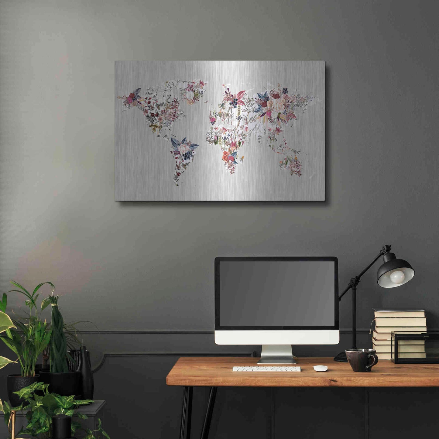 Luxe Metal Art 'Worldmap Flowers (Light)' by Design Fabrikken, Metal Wall Art,36x24