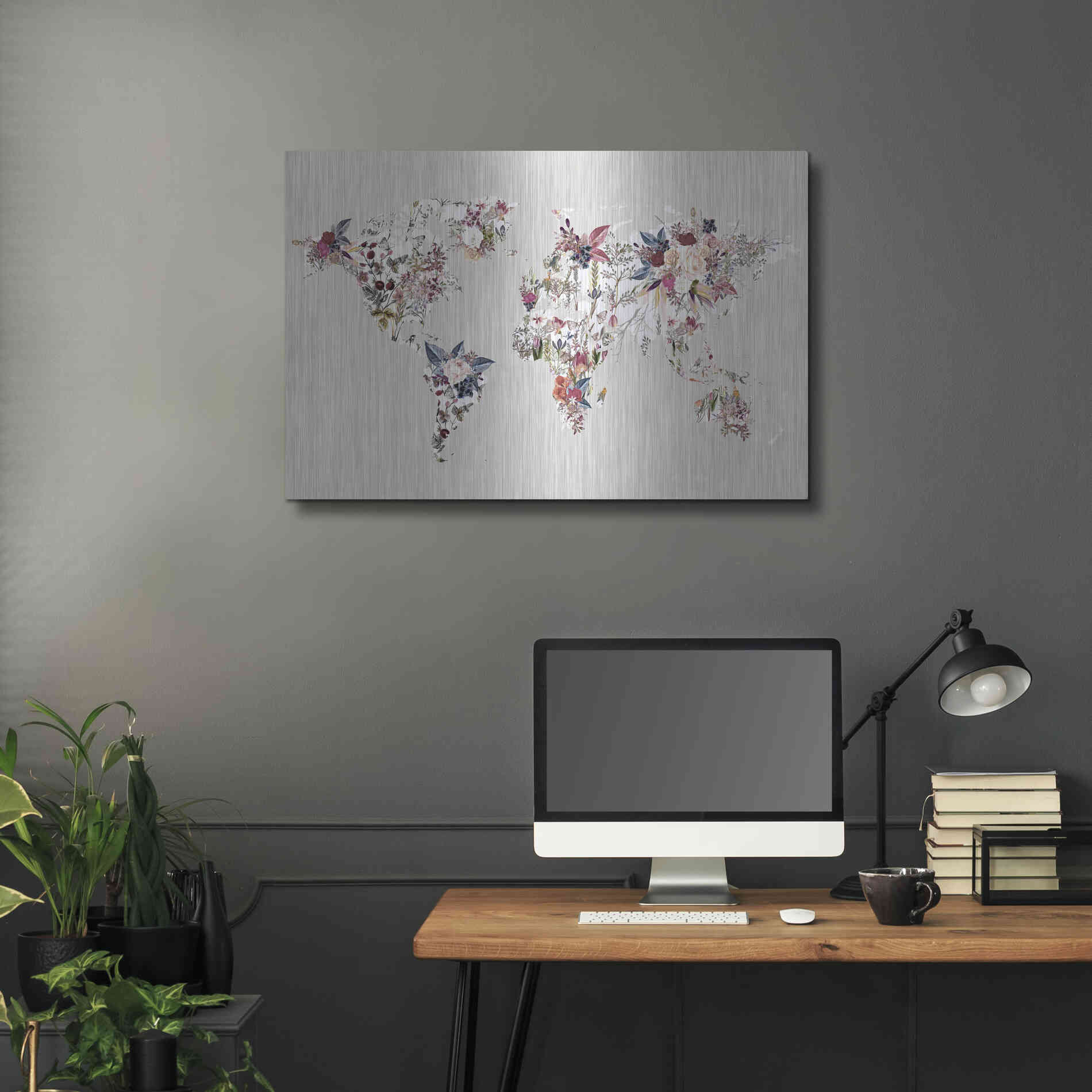 Luxe Metal Art 'Worldmap Flowers (Light)' by Design Fabrikken, Metal Wall Art,36x24