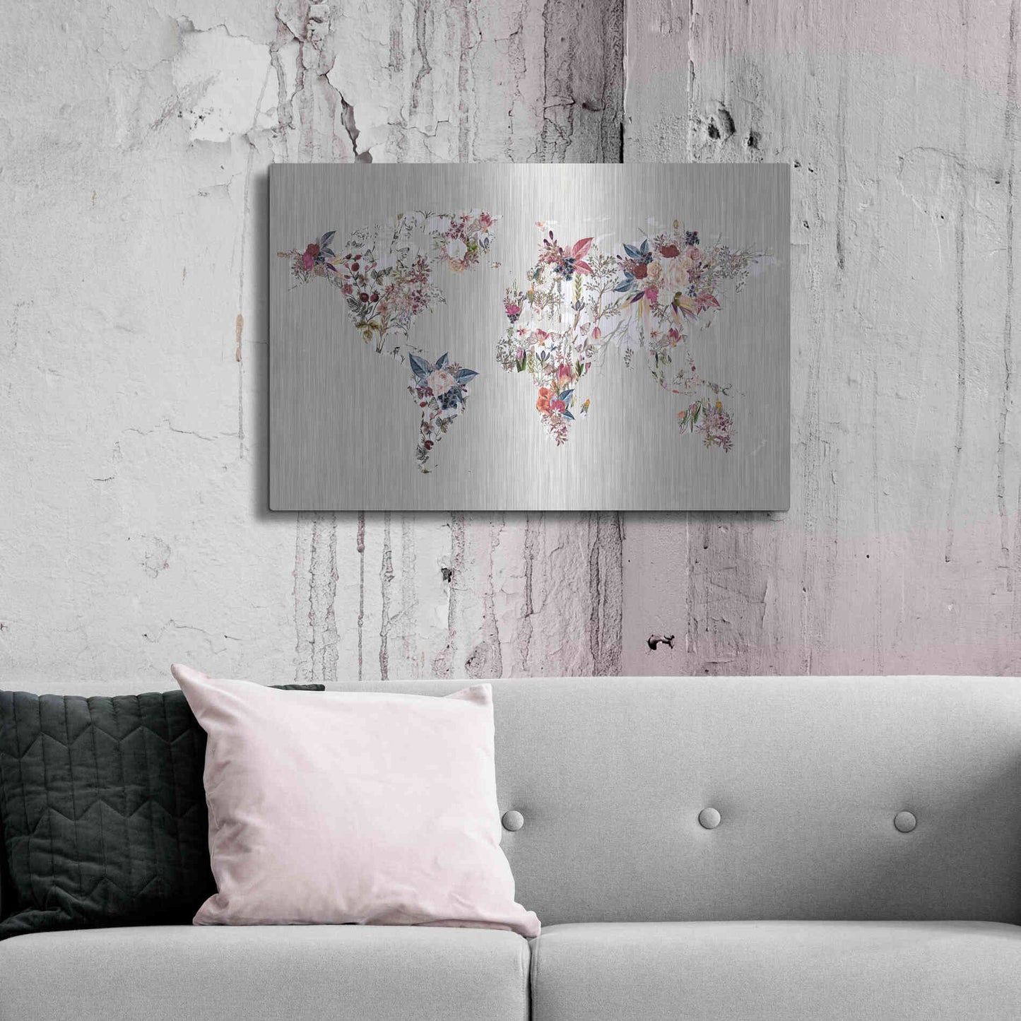 Luxe Metal Art 'Worldmap Flowers (Light)' by Design Fabrikken, Metal Wall Art,36x24