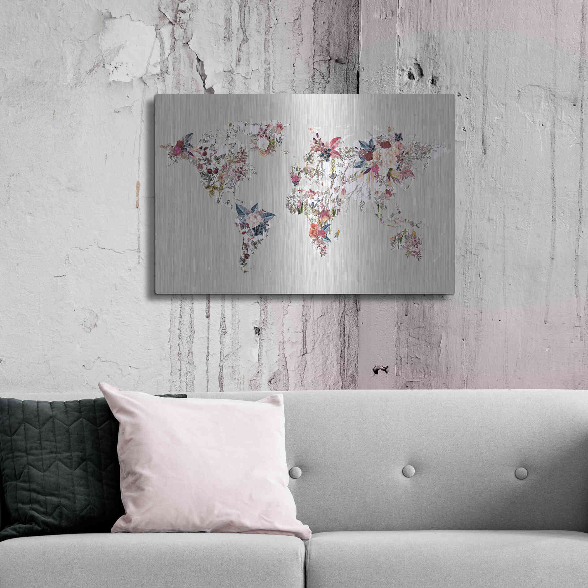 Luxe Metal Art 'Worldmap Flowers (Light)' by Design Fabrikken, Metal Wall Art,36x24