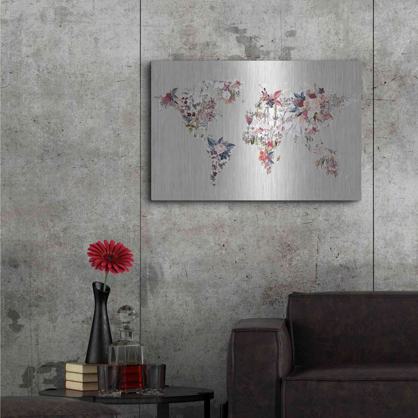 Luxe Metal Art 'Worldmap Flowers (Light)' by Design Fabrikken, Metal Wall Art,36x24