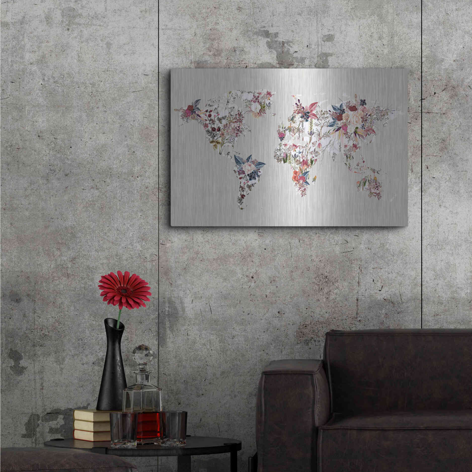 Luxe Metal Art 'Worldmap Flowers (Light)' by Design Fabrikken, Metal Wall Art,36x24