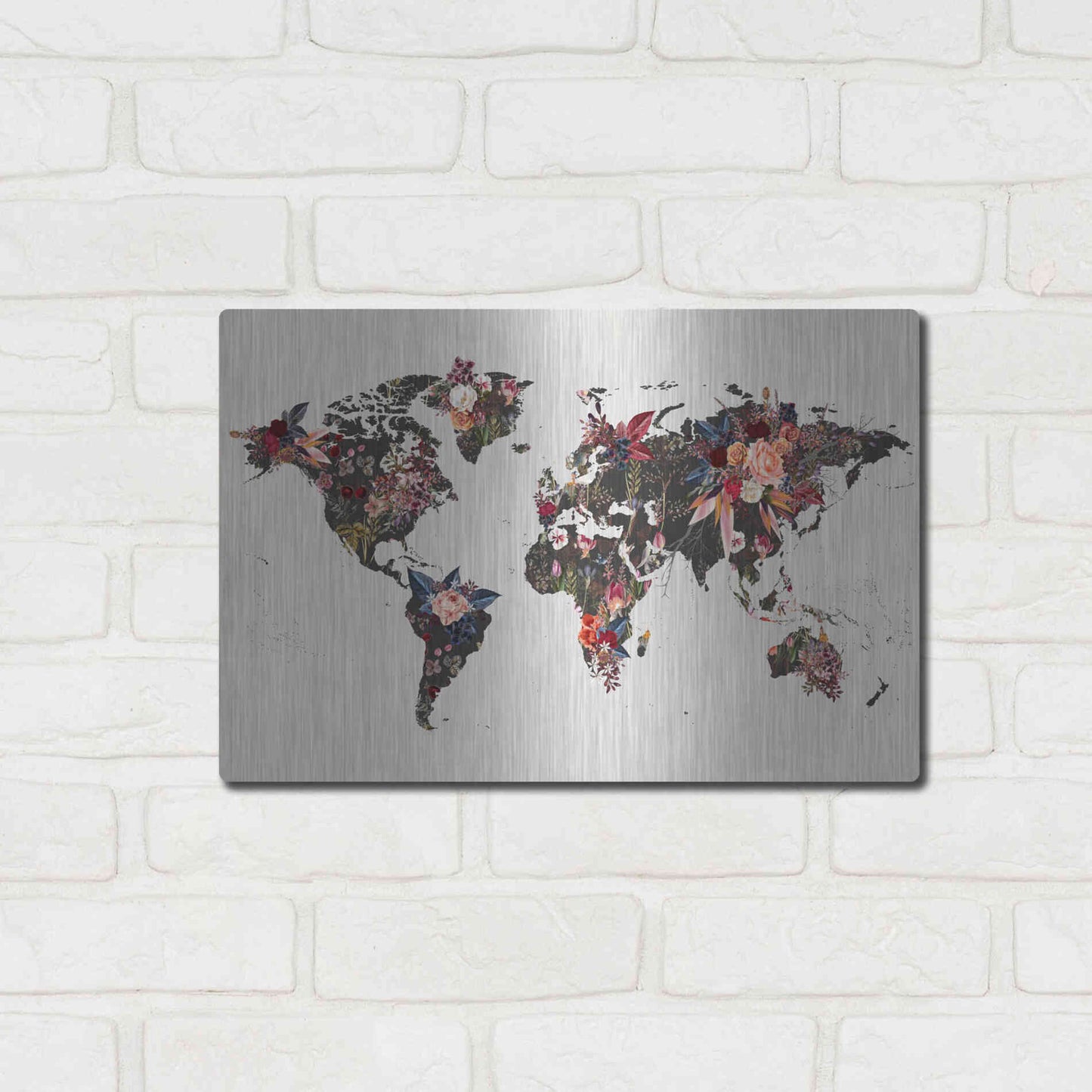 Luxe Metal Art 'Worldmap Flowers' by Design Fabrikken, Metal Wall Art,16x12
