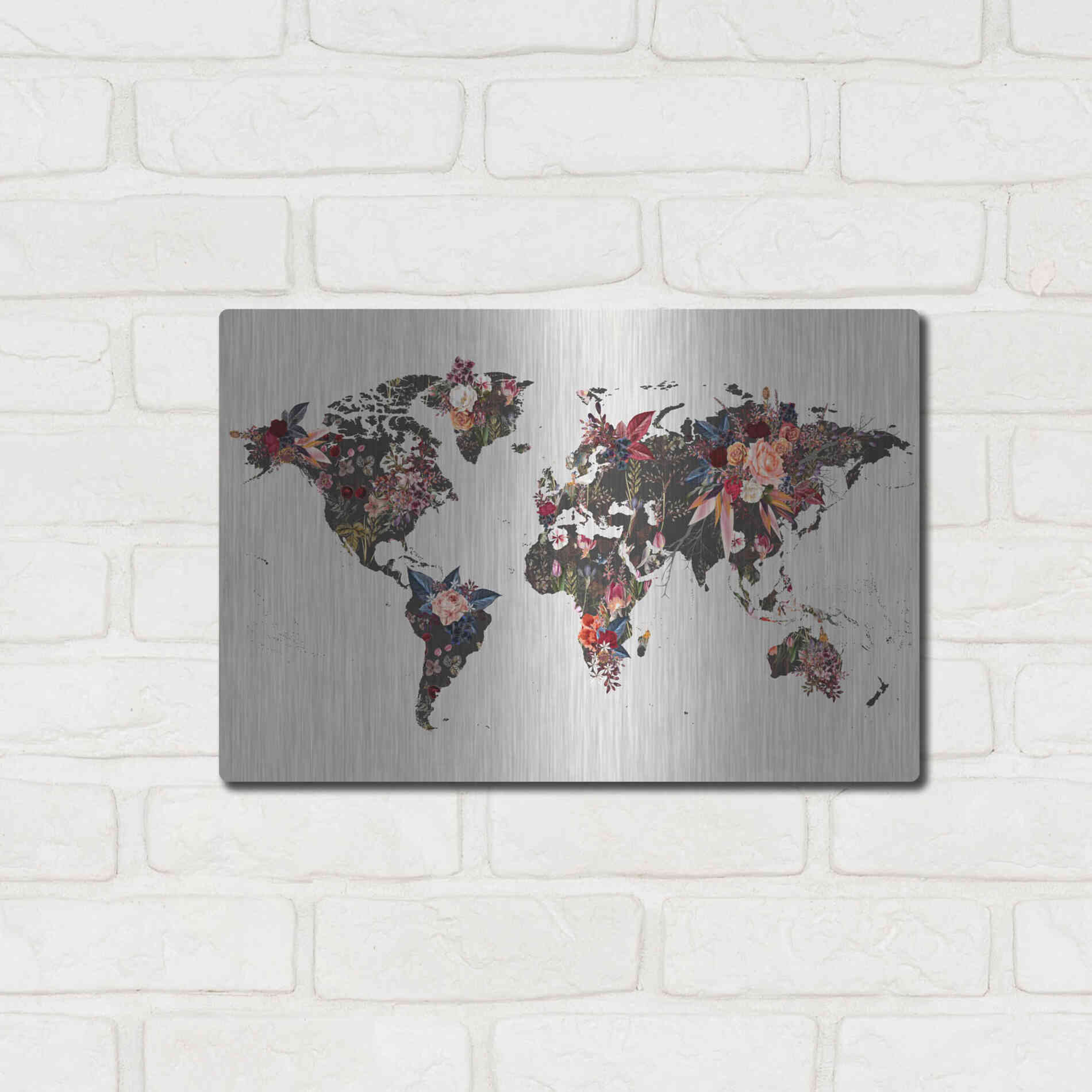 Luxe Metal Art 'Worldmap Flowers' by Design Fabrikken, Metal Wall Art,16x12