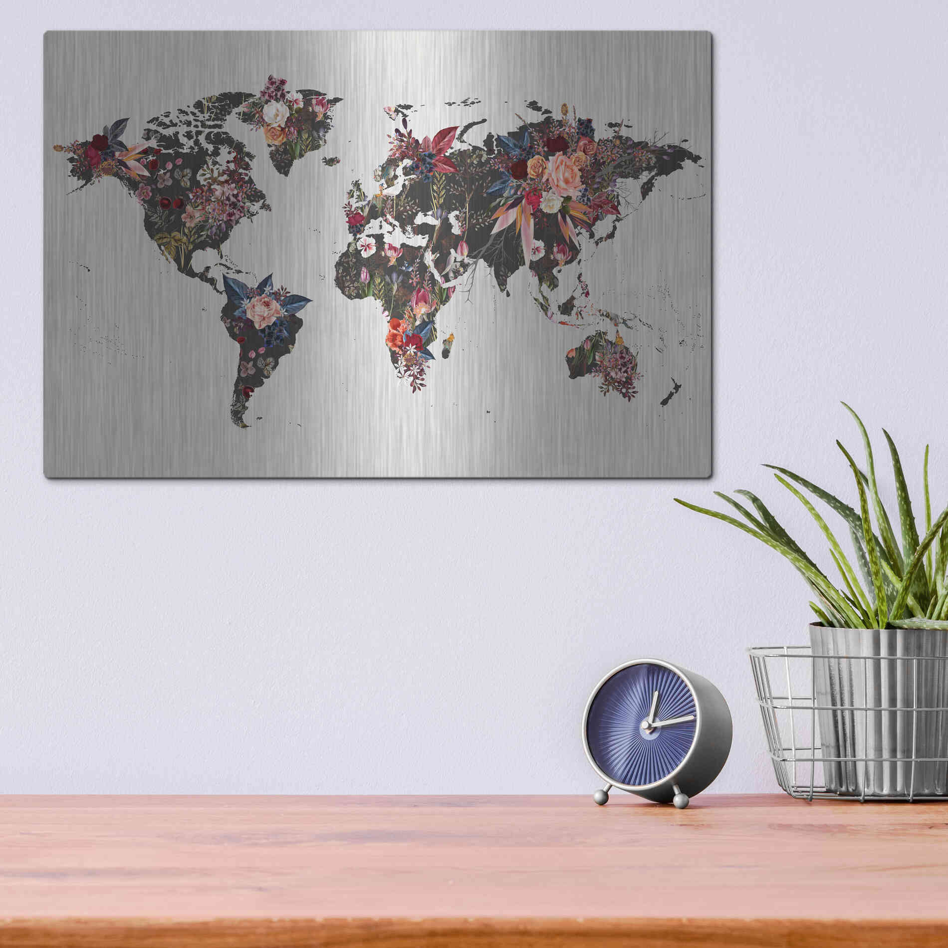 Luxe Metal Art 'Worldmap Flowers' by Design Fabrikken, Metal Wall Art,16x12