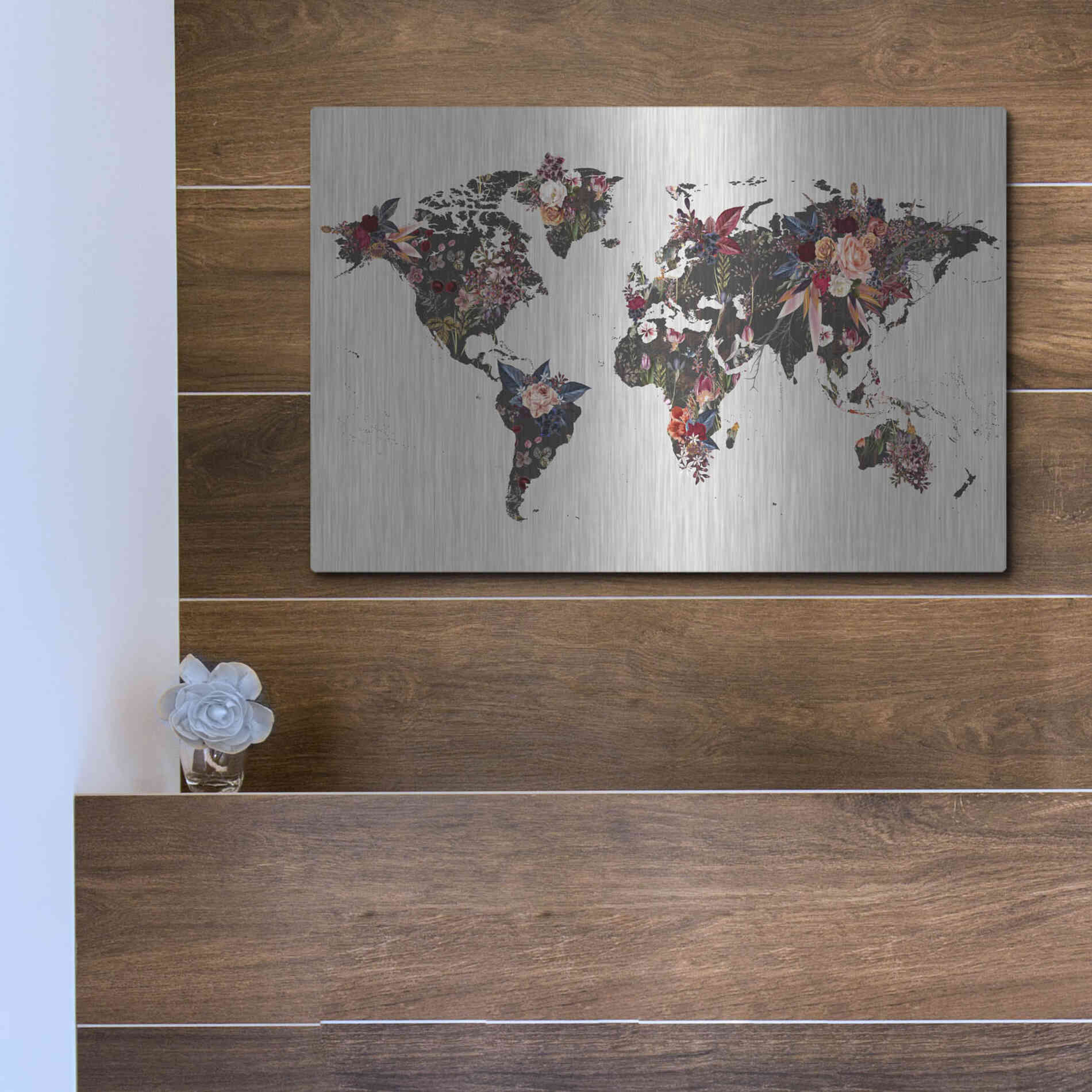 Luxe Metal Art 'Worldmap Flowers' by Design Fabrikken, Metal Wall Art,16x12