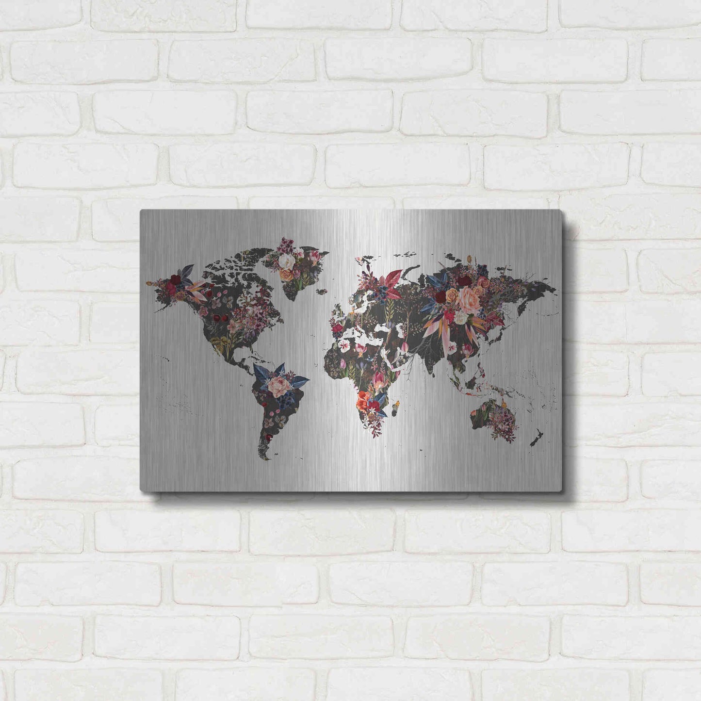 Luxe Metal Art 'Worldmap Flowers' by Design Fabrikken, Metal Wall Art,24x16