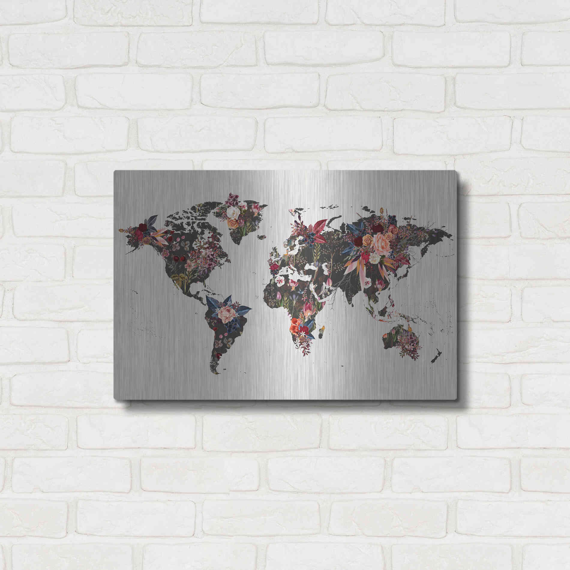 Luxe Metal Art 'Worldmap Flowers' by Design Fabrikken, Metal Wall Art,24x16