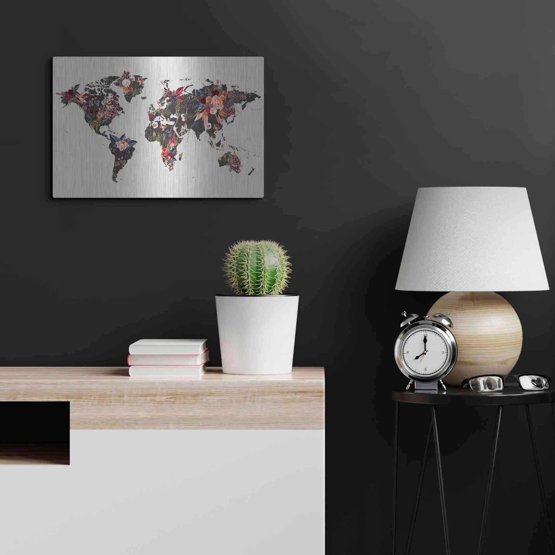 Luxe Metal Art 'Worldmap Flowers' by Design Fabrikken, Metal Wall Art,24x16