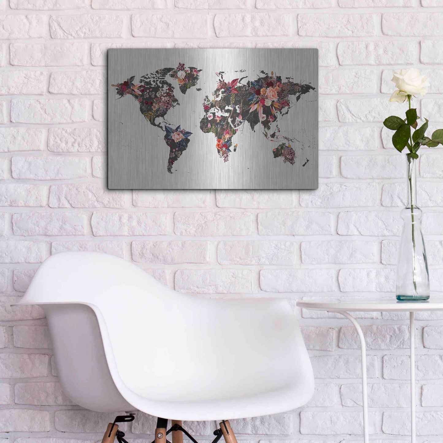 Luxe Metal Art 'Worldmap Flowers' by Design Fabrikken, Metal Wall Art,24x16