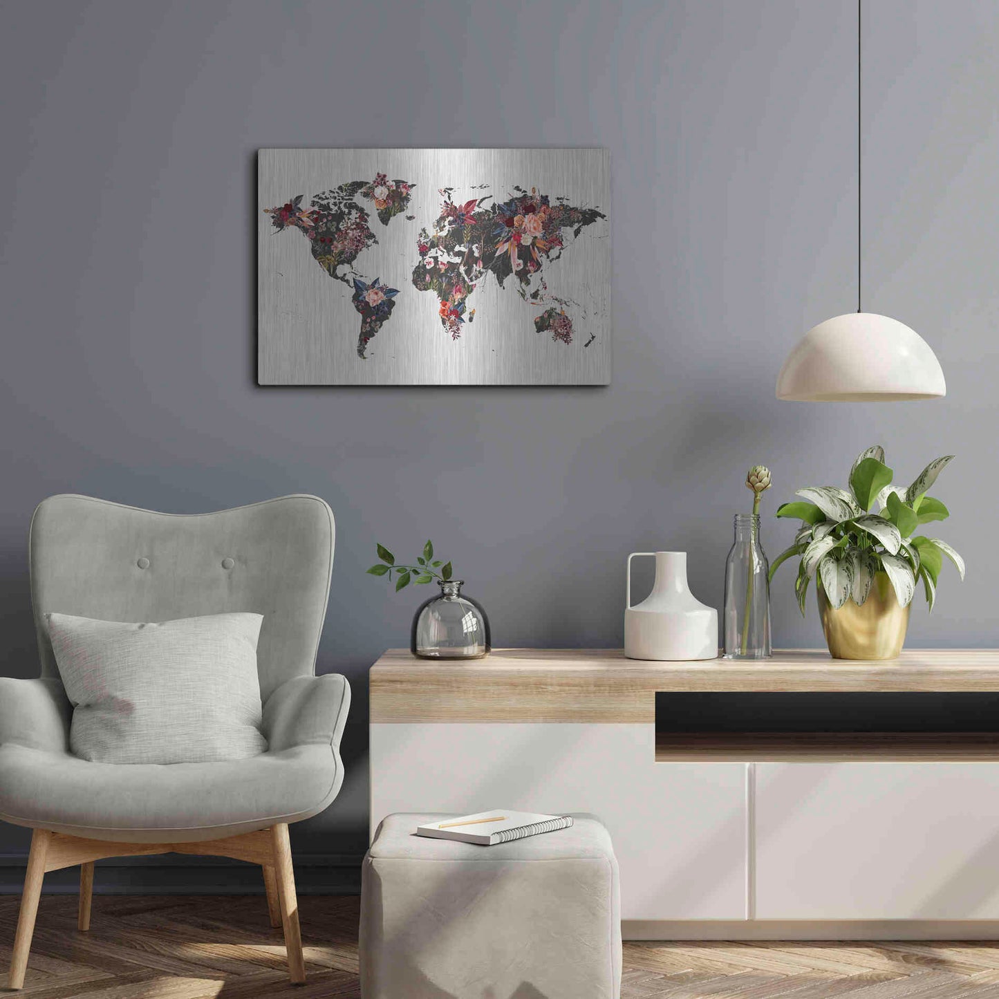 Luxe Metal Art 'Worldmap Flowers' by Design Fabrikken, Metal Wall Art,24x16