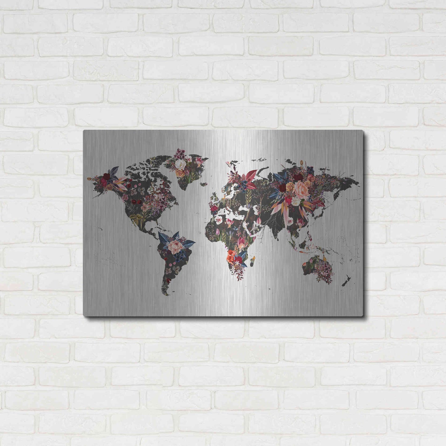 Luxe Metal Art 'Worldmap Flowers' by Design Fabrikken, Metal Wall Art,36x24