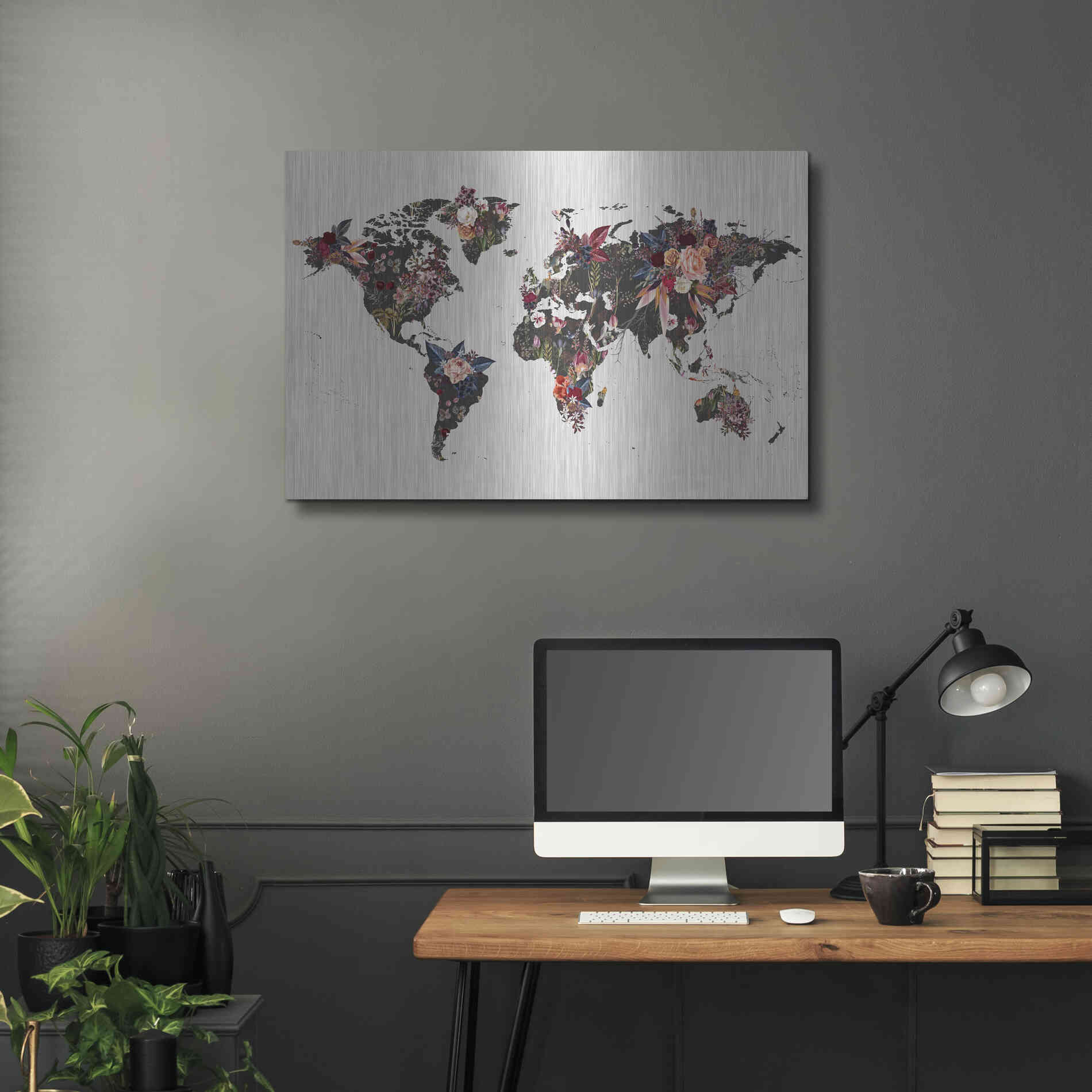Luxe Metal Art 'Worldmap Flowers' by Design Fabrikken, Metal Wall Art,36x24