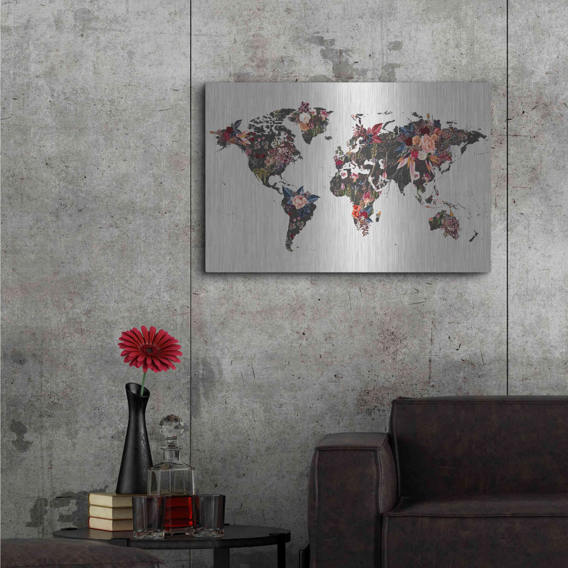 Luxe Metal Art 'Worldmap Flowers' by Design Fabrikken, Metal Wall Art,36x24