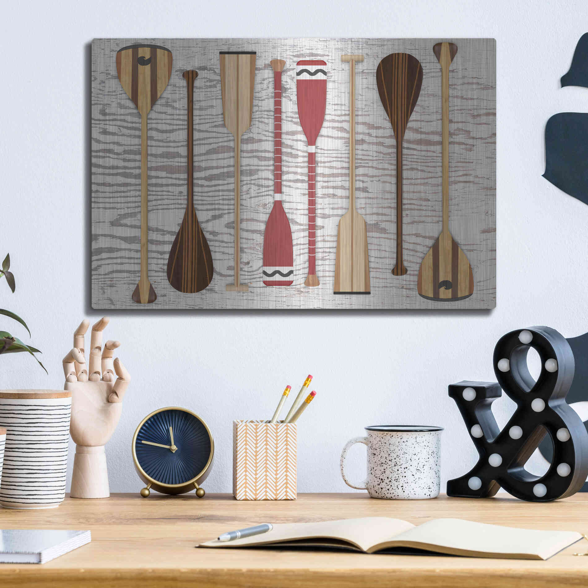 Luxe Metal Art 'Canoe Paddles & Oar' by Edward M. Fielding, Metal Wall Art,16x12