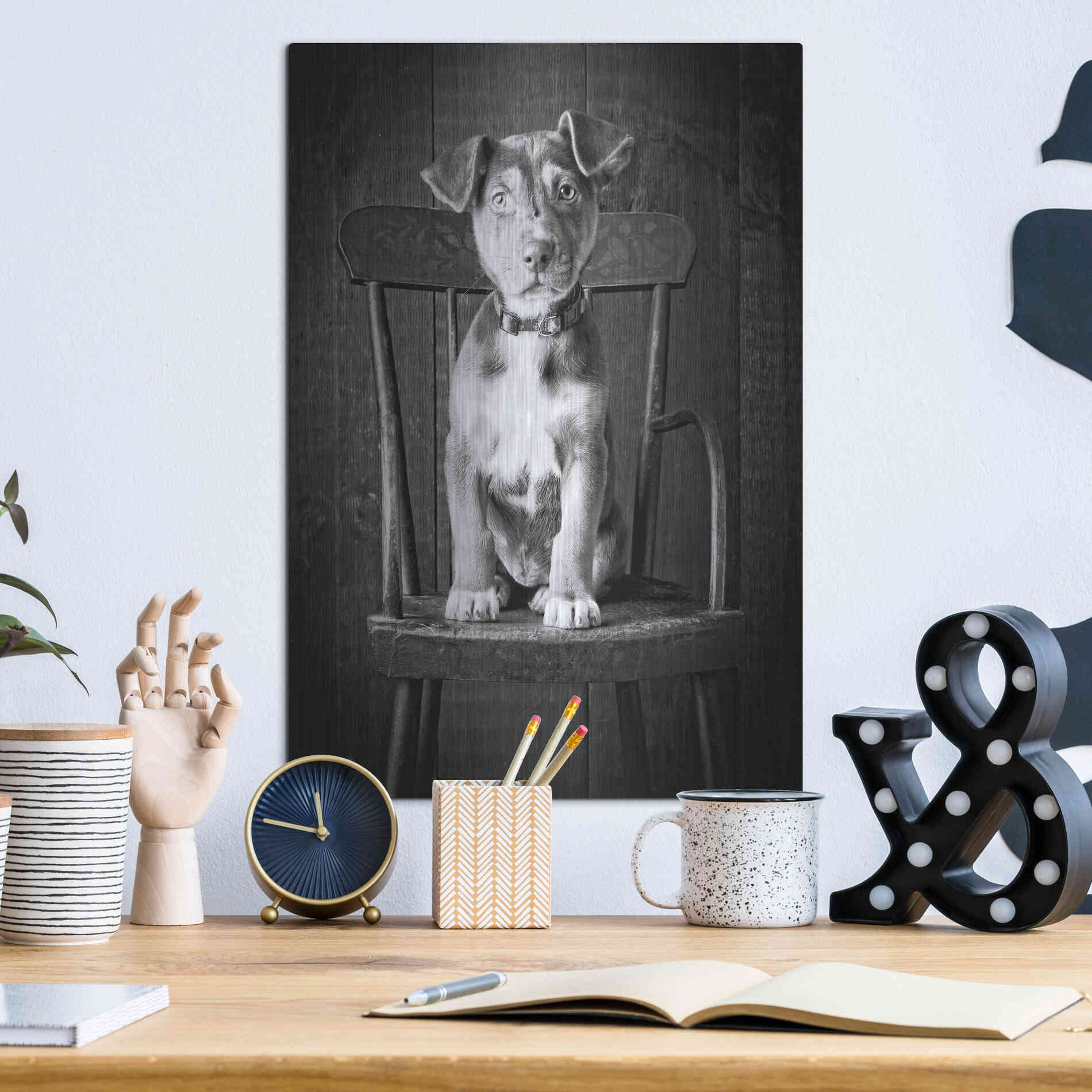 Luxe Metal Art 'Mutt Black & White' by Edward M. Fielding, Metal Wall Art,12x16
