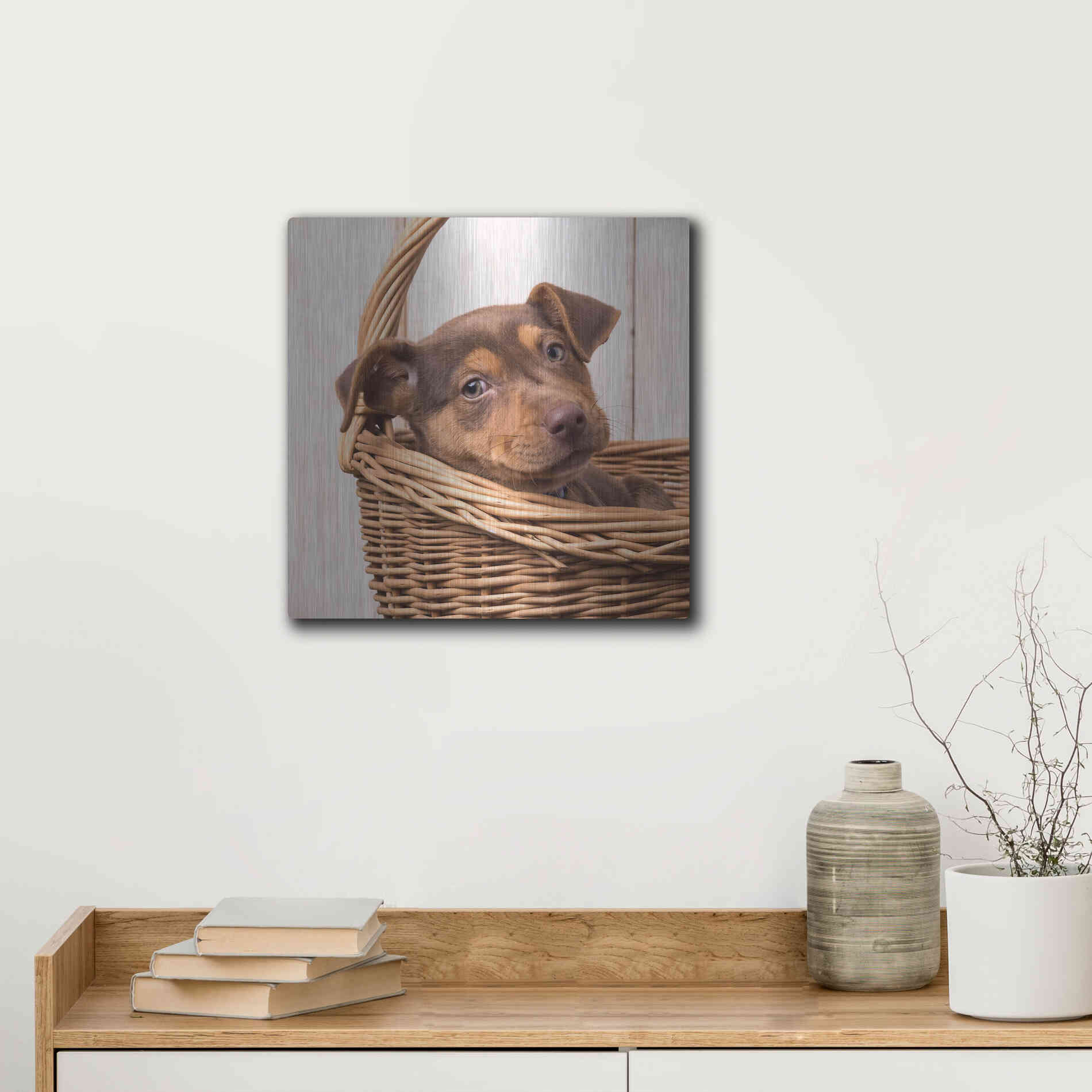 Luxe Metal Art 'Puppy in a Basket' by Edward M. Fielding, Metal Wall Art,12x12
