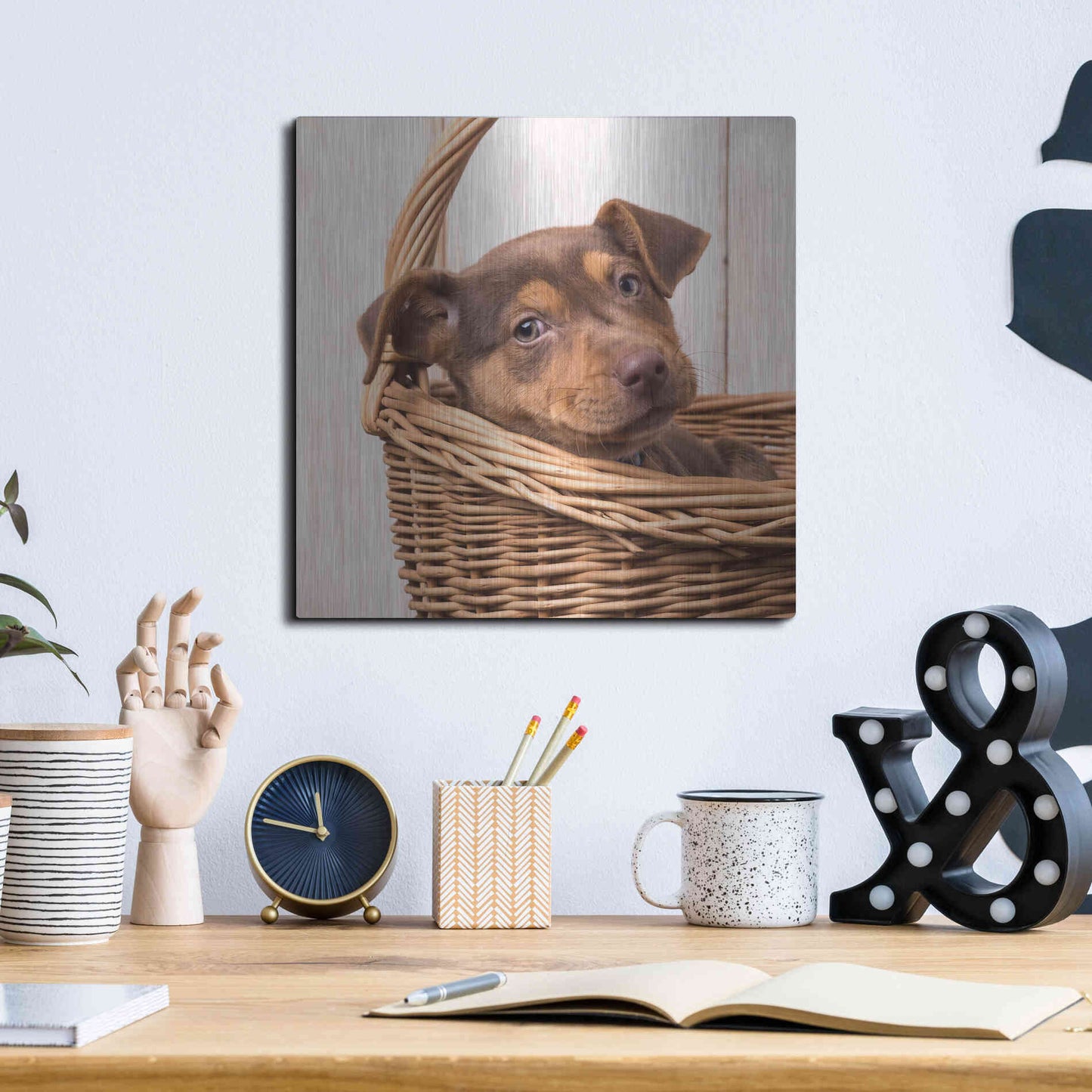 Luxe Metal Art 'Puppy in a Basket' by Edward M. Fielding, Metal Wall Art,12x12