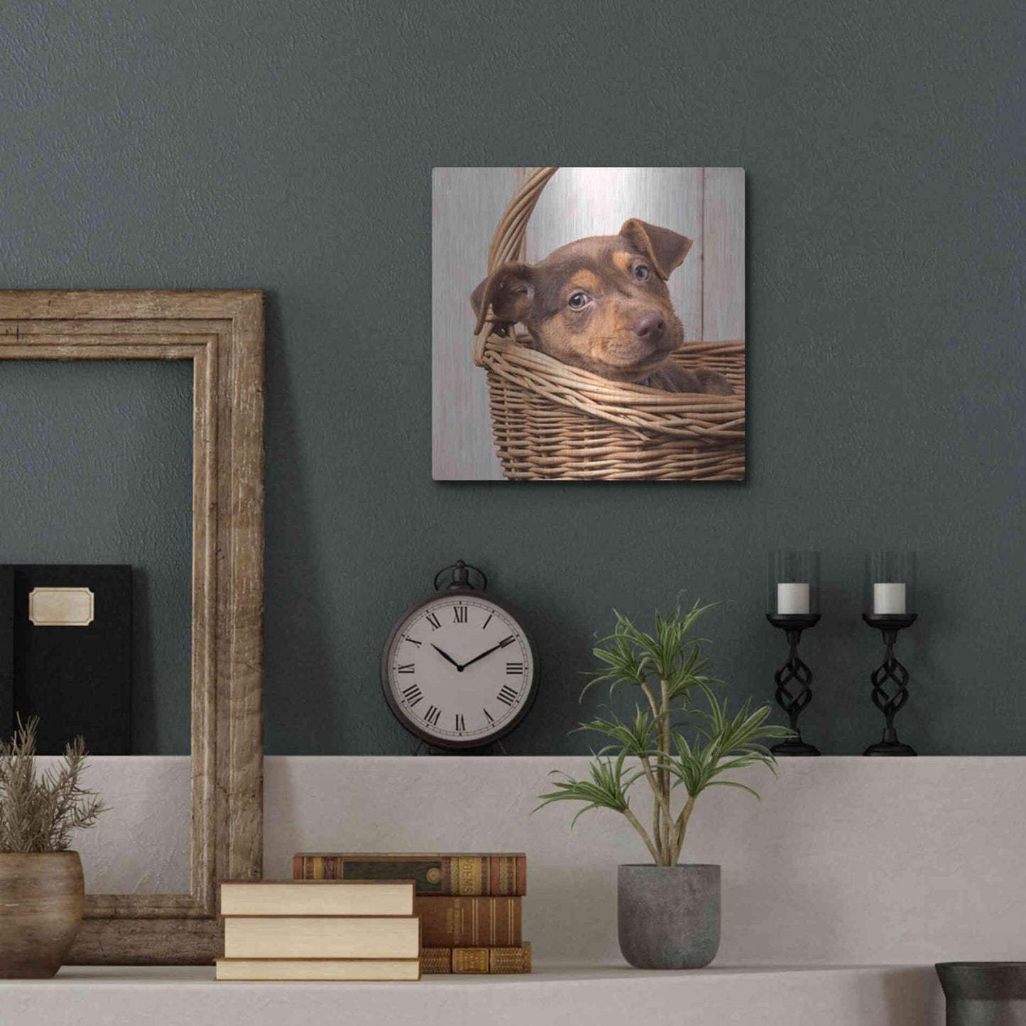 Luxe Metal Art 'Puppy in a Basket' by Edward M. Fielding, Metal Wall Art,12x12