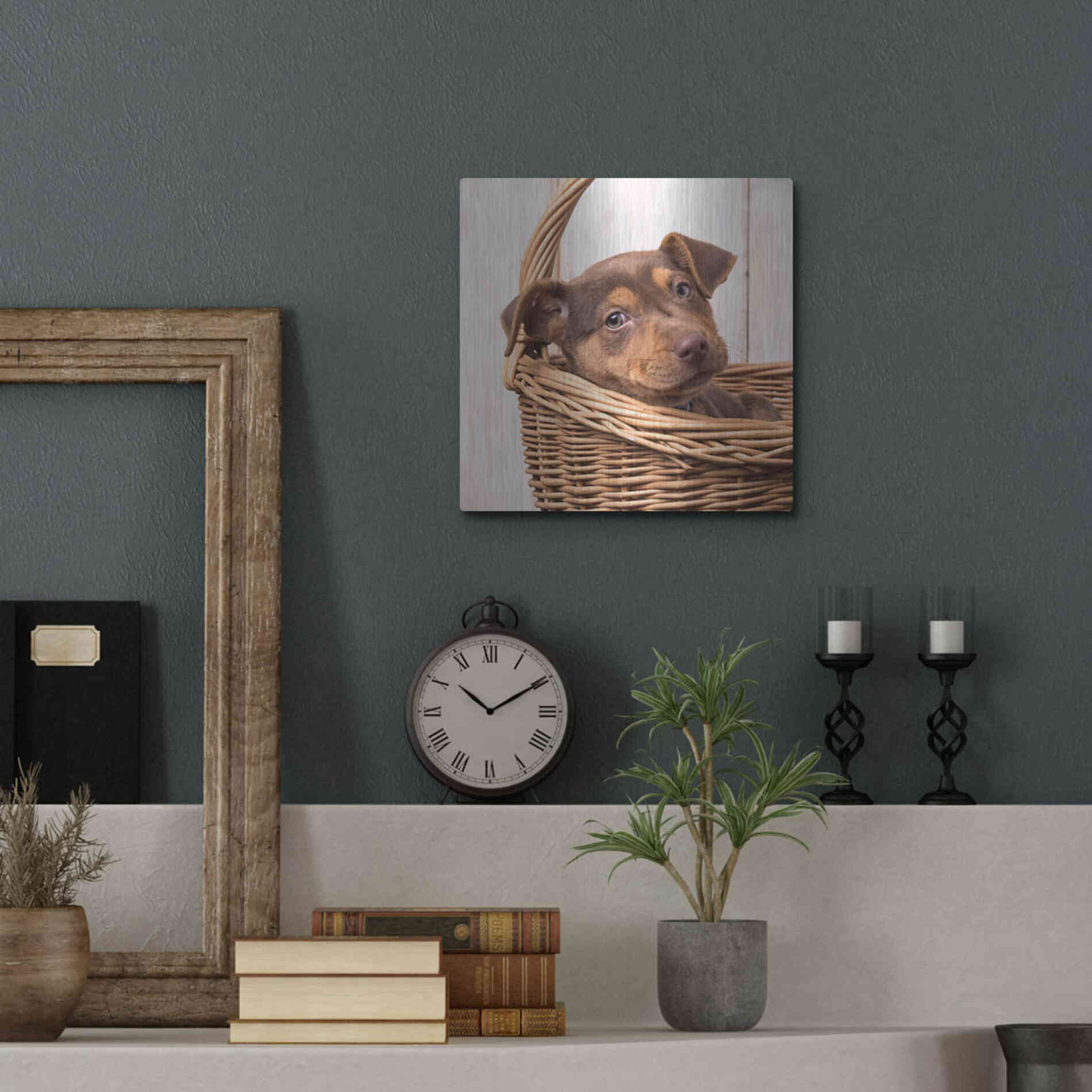 Luxe Metal Art 'Puppy in a Basket' by Edward M. Fielding, Metal Wall Art,12x12