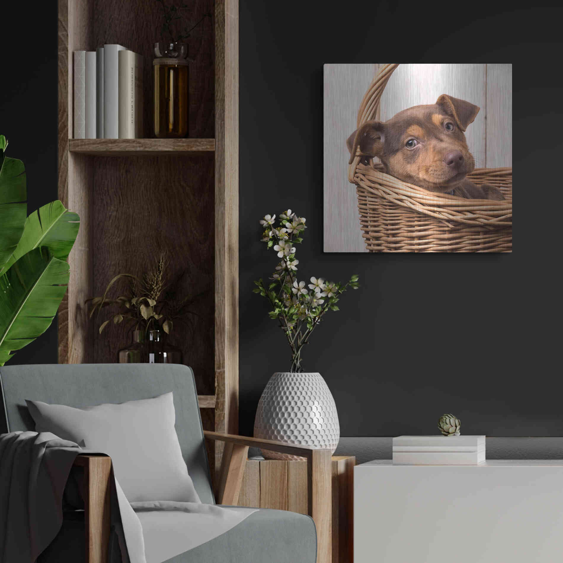 Luxe Metal Art 'Puppy in a Basket' by Edward M. Fielding, Metal Wall Art,24x24