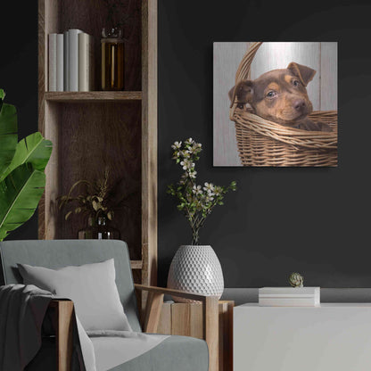 Luxe Metal Art 'Puppy in a Basket' by Edward M. Fielding, Metal Wall Art,24x24