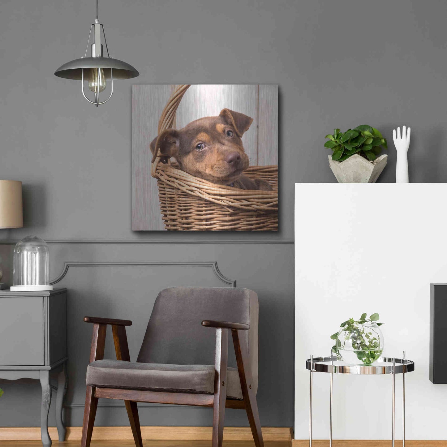 Luxe Metal Art 'Puppy in a Basket' by Edward M. Fielding, Metal Wall Art,24x24