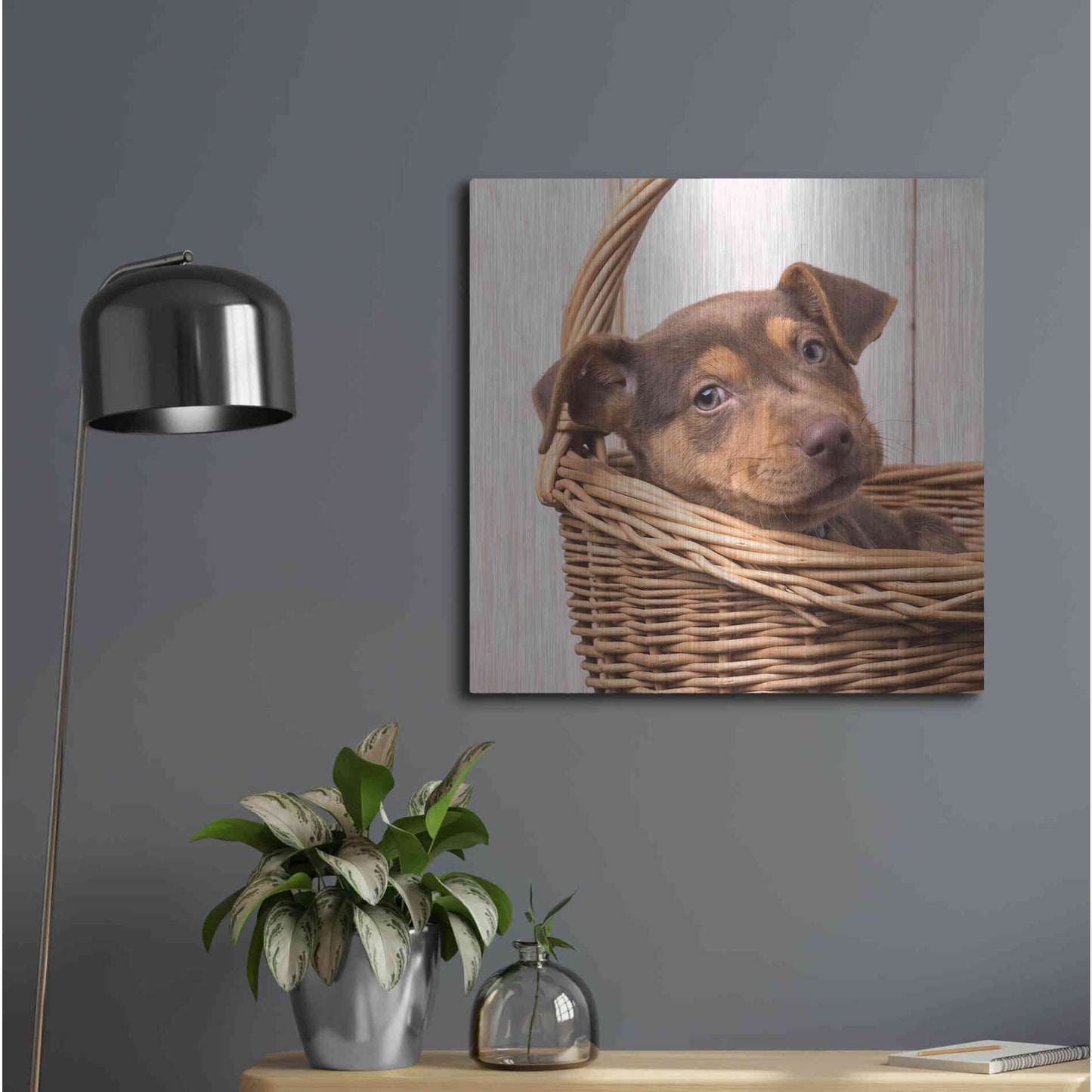 Luxe Metal Art 'Puppy in a Basket' by Edward M. Fielding, Metal Wall Art,24x24
