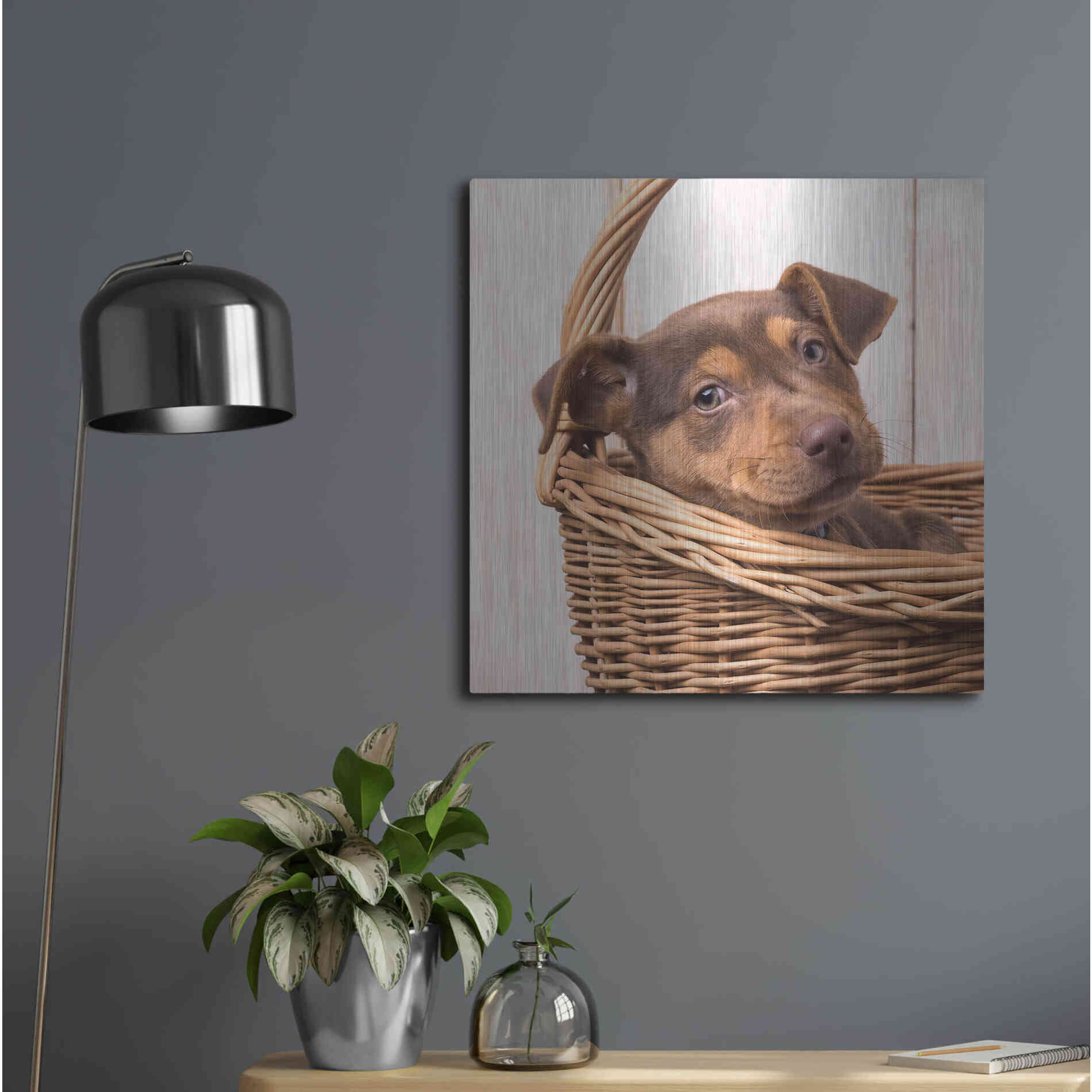 Luxe Metal Art 'Puppy in a Basket' by Edward M. Fielding, Metal Wall Art,24x24