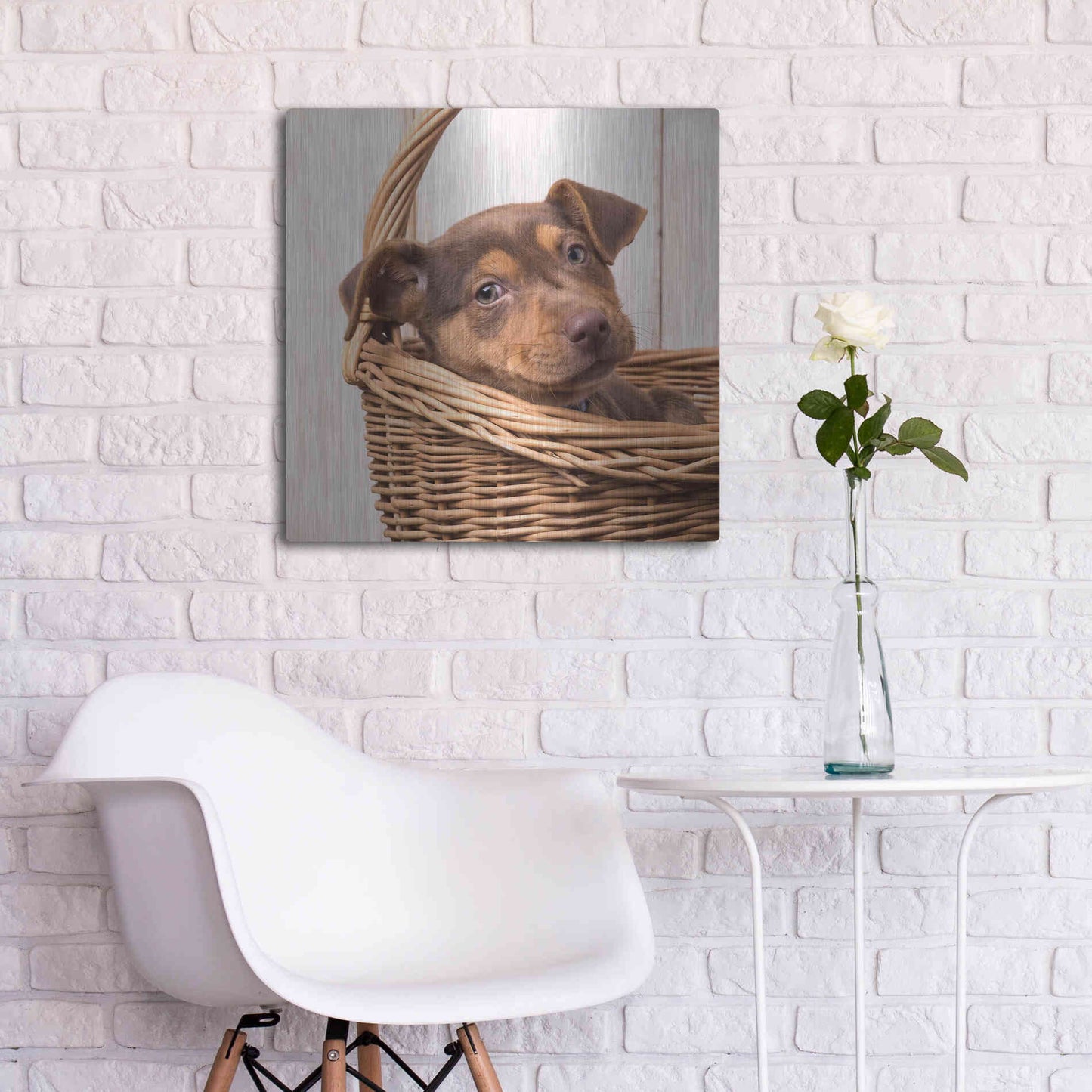 Luxe Metal Art 'Puppy in a Basket' by Edward M. Fielding, Metal Wall Art,24x24