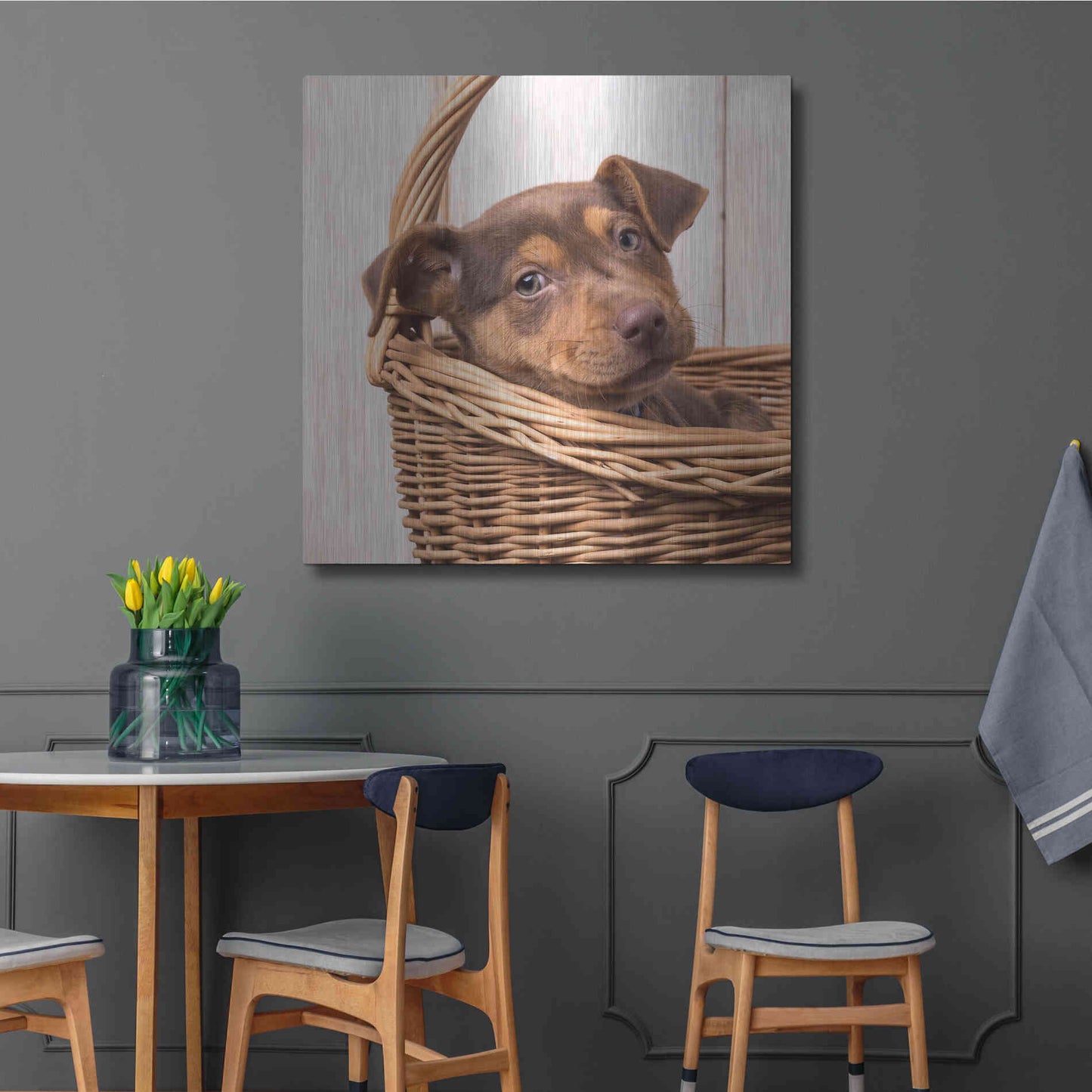 Luxe Metal Art 'Puppy in a Basket' by Edward M. Fielding, Metal Wall Art,36x36