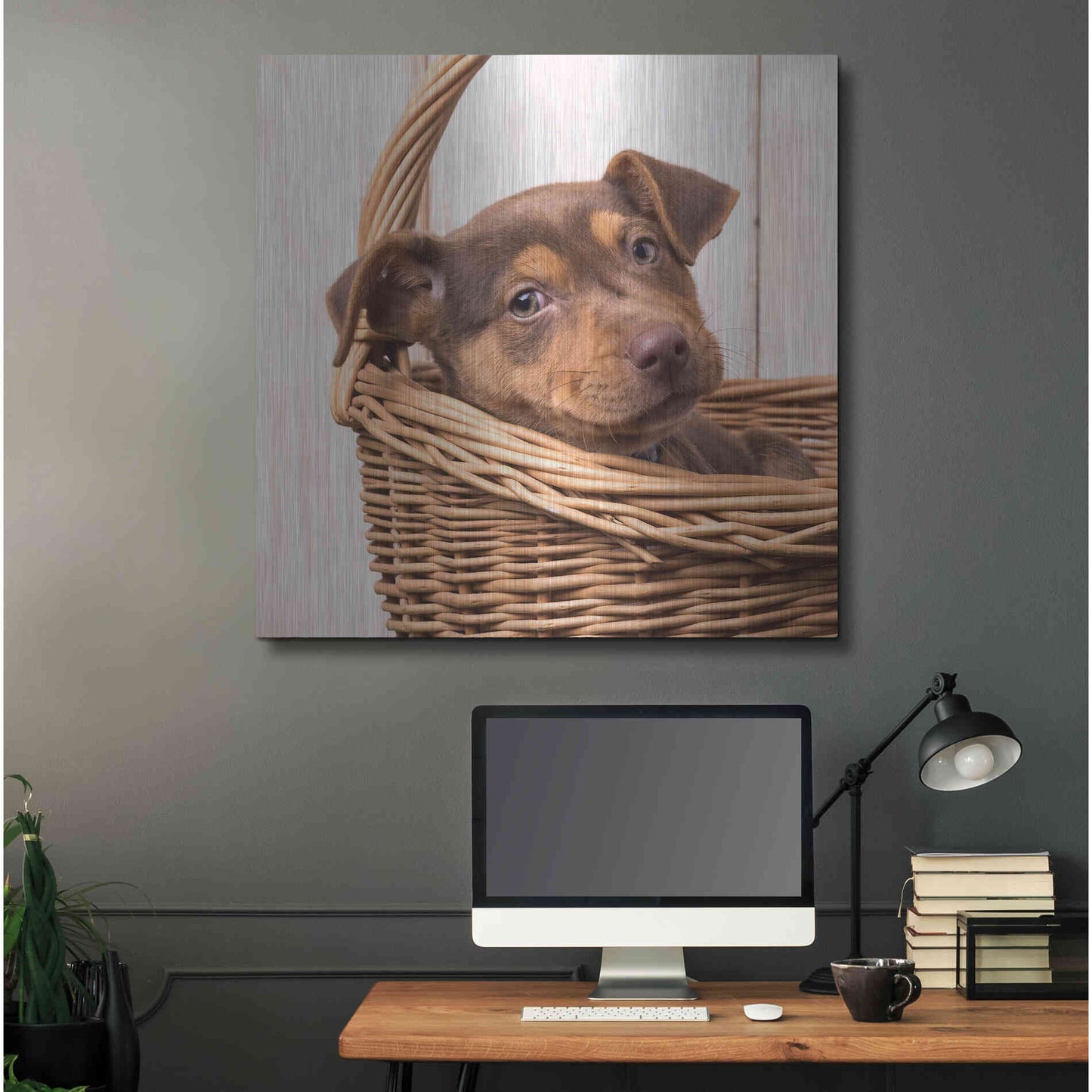 Luxe Metal Art 'Puppy in a Basket' by Edward M. Fielding, Metal Wall Art,36x36