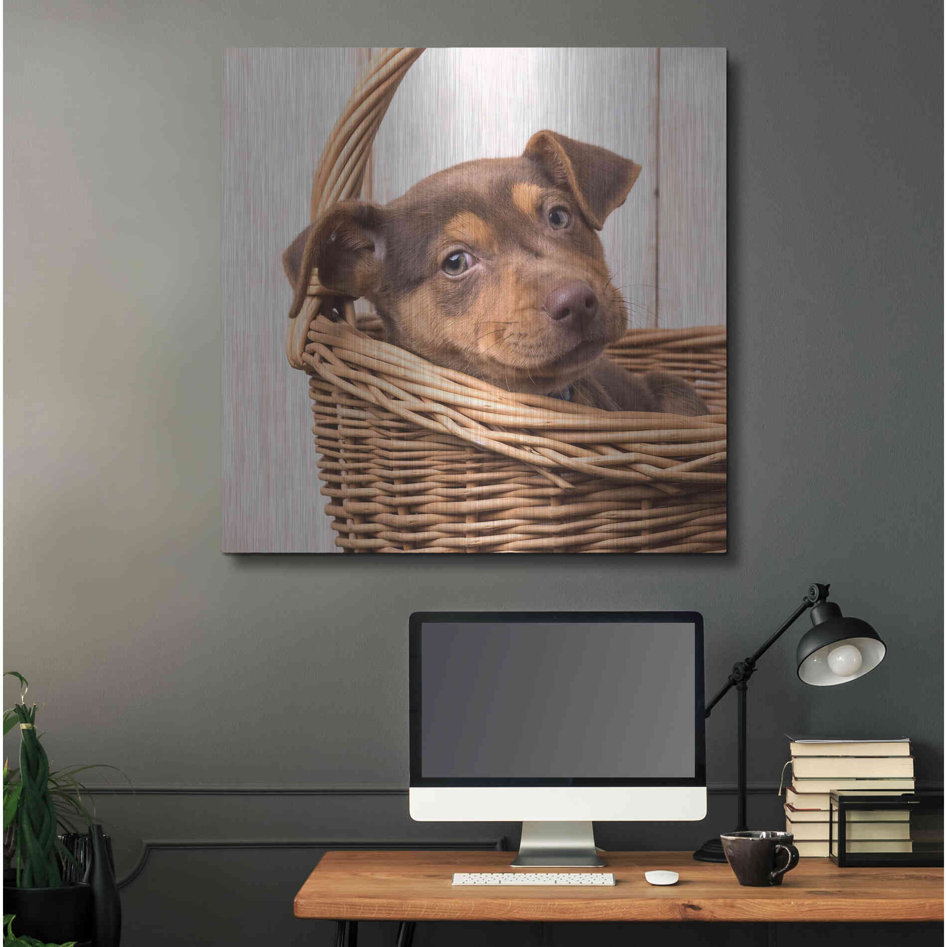 Luxe Metal Art 'Puppy in a Basket' by Edward M. Fielding, Metal Wall Art,36x36