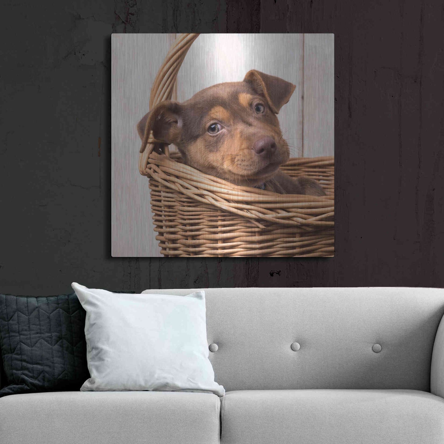 Luxe Metal Art 'Puppy in a Basket' by Edward M. Fielding, Metal Wall Art,36x36