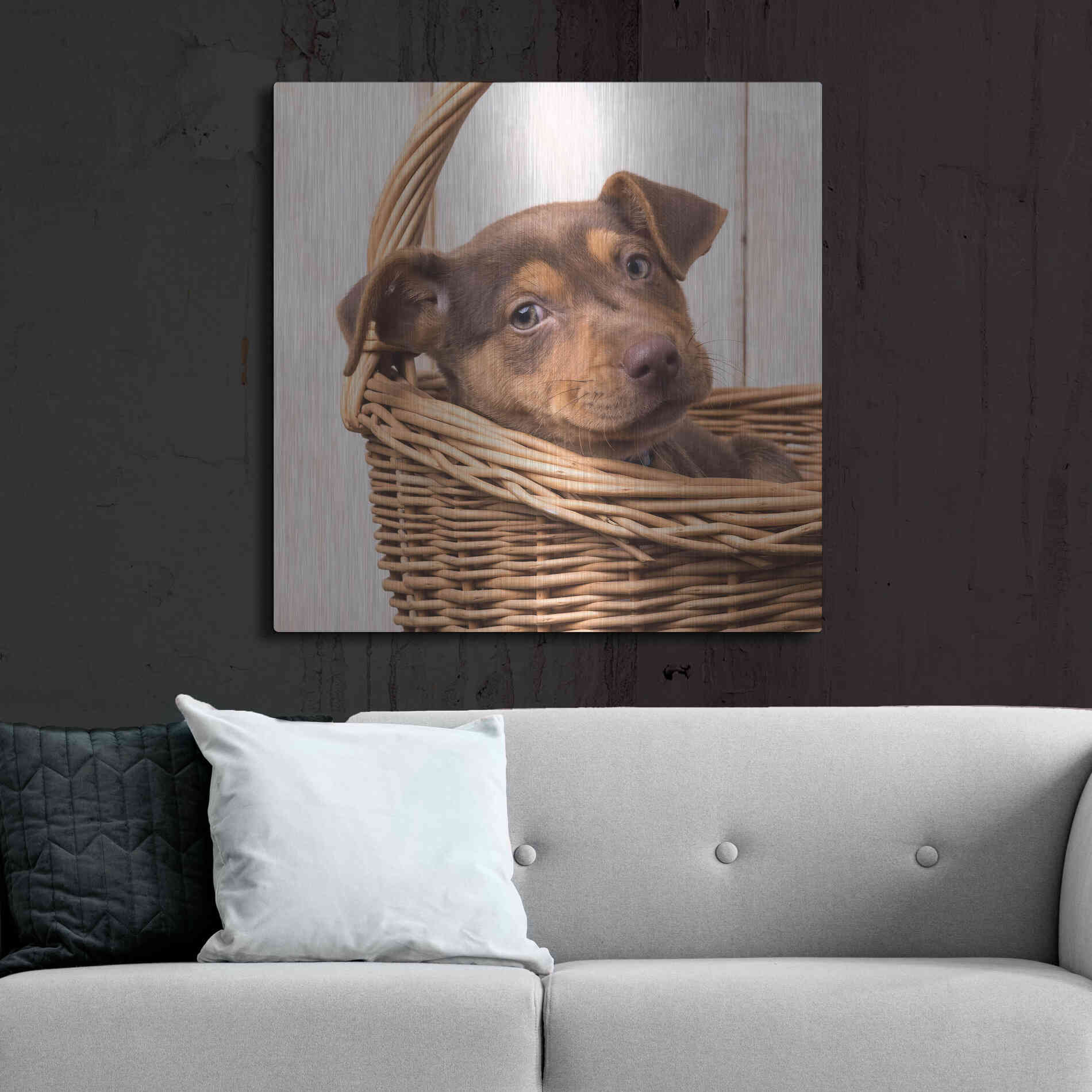 Luxe Metal Art 'Puppy in a Basket' by Edward M. Fielding, Metal Wall Art,36x36