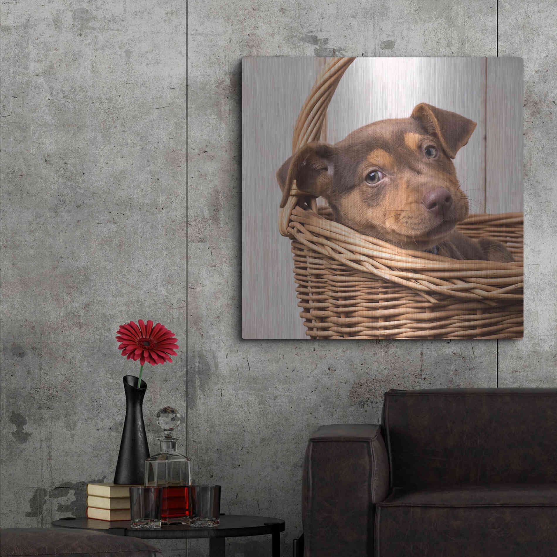 Luxe Metal Art 'Puppy in a Basket' by Edward M. Fielding, Metal Wall Art,36x36
