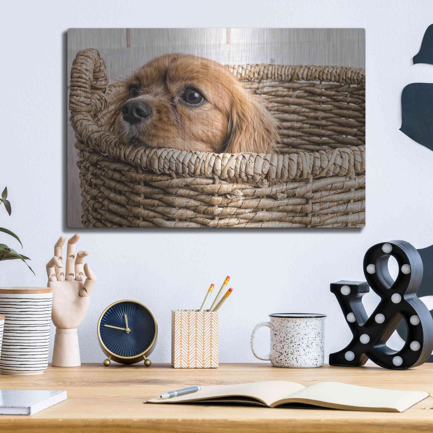 Luxe Metal Art 'Puppy in a Laundry Basket' by Edward M. Fielding, Metal Wall Art,16x12