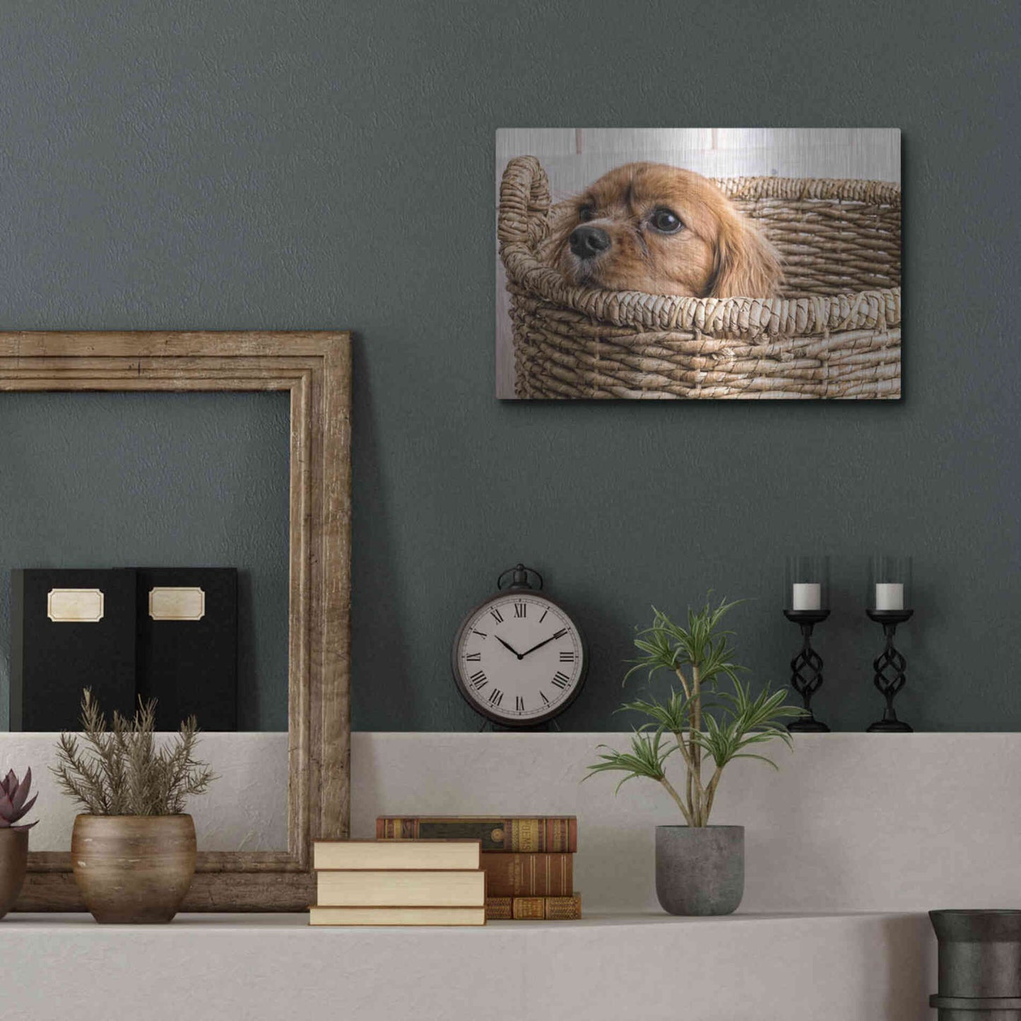 Luxe Metal Art 'Puppy in a Laundry Basket' by Edward M. Fielding, Metal Wall Art,16x12