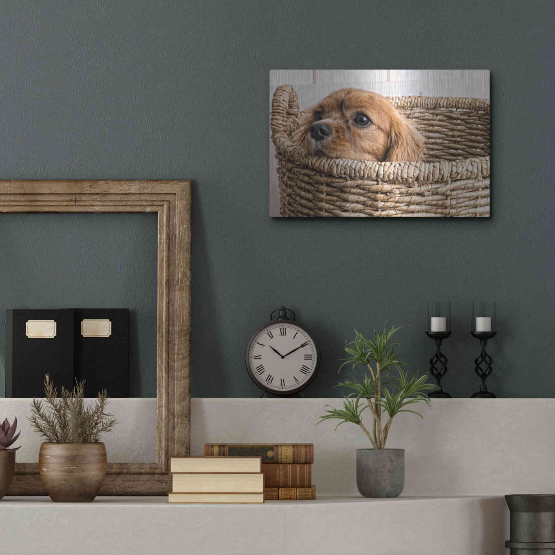 Luxe Metal Art 'Puppy in a Laundry Basket' by Edward M. Fielding, Metal Wall Art,16x12