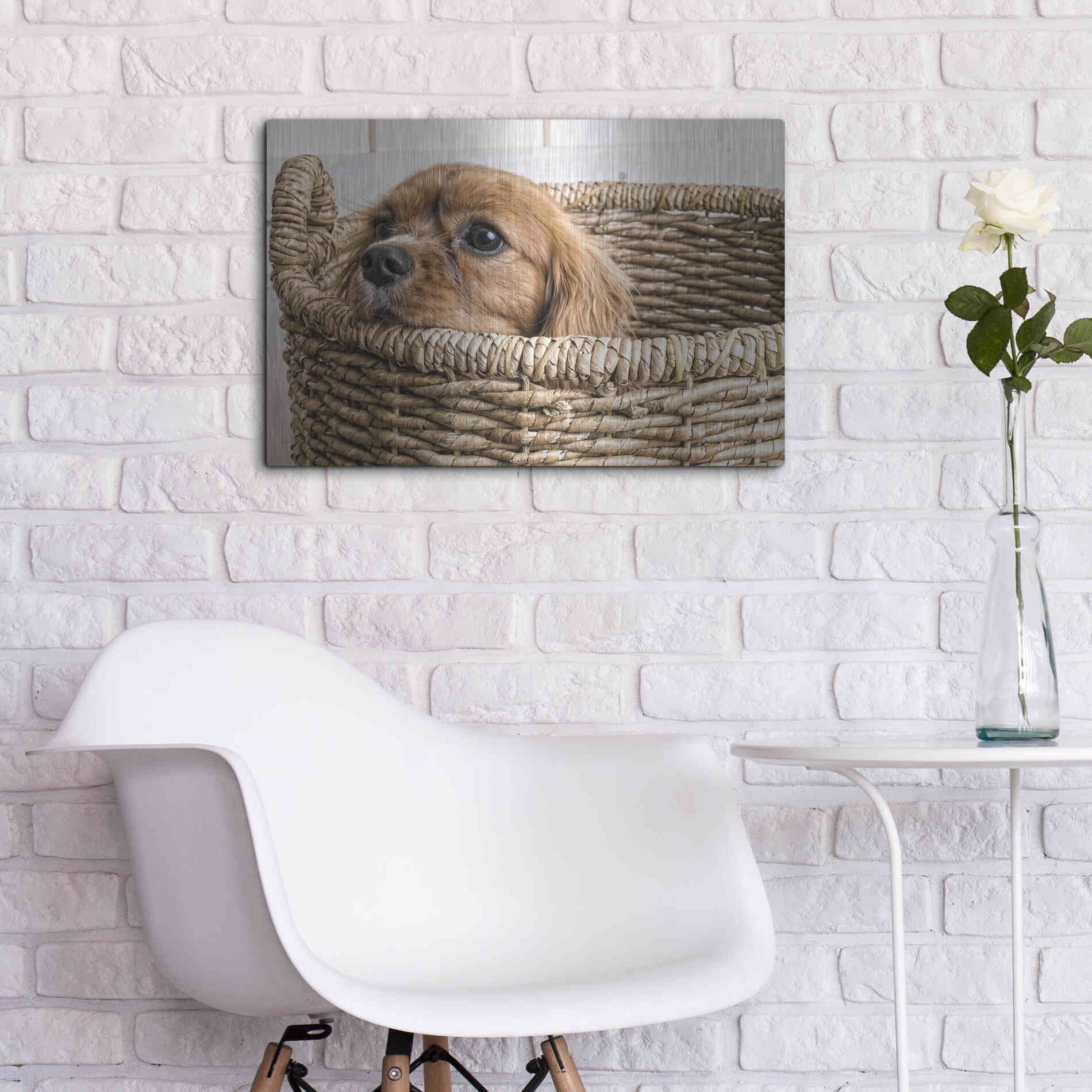 Luxe Metal Art 'Puppy in a Laundry Basket' by Edward M. Fielding, Metal Wall Art,24x16