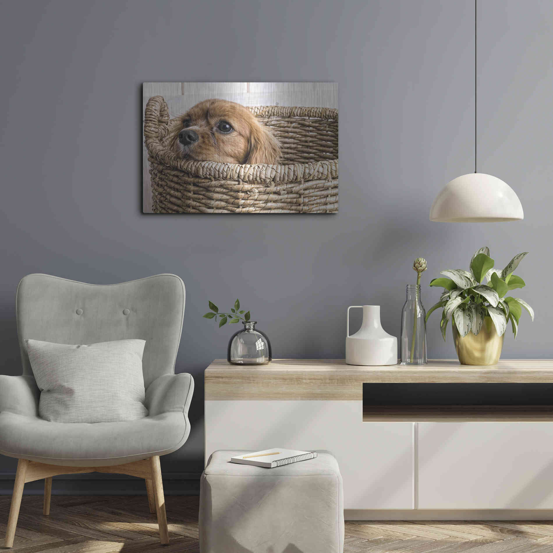 Luxe Metal Art 'Puppy in a Laundry Basket' by Edward M. Fielding, Metal Wall Art,24x16